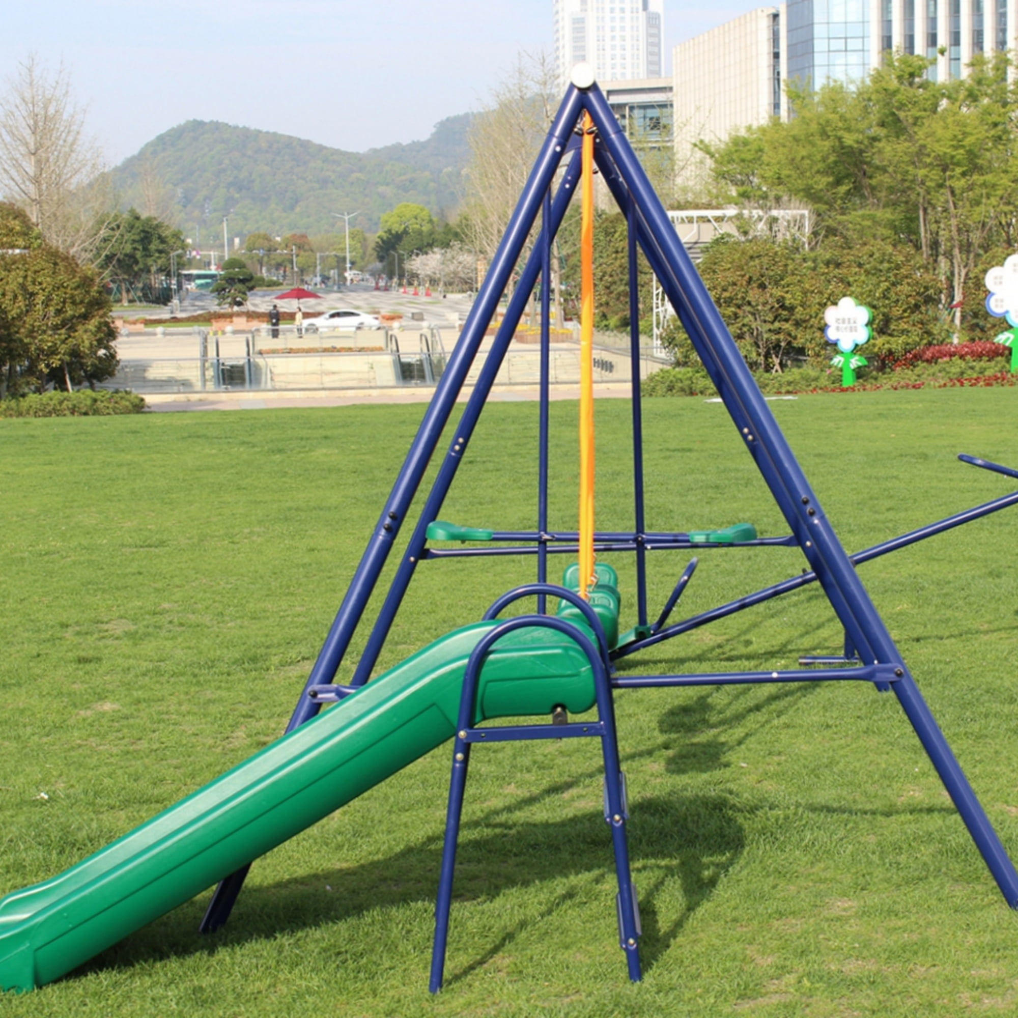SHINPT 5-in-1 Kids Outdoor Swing Set, Backyard Playground with Slide and 4 Swings (Blue) 23q0v