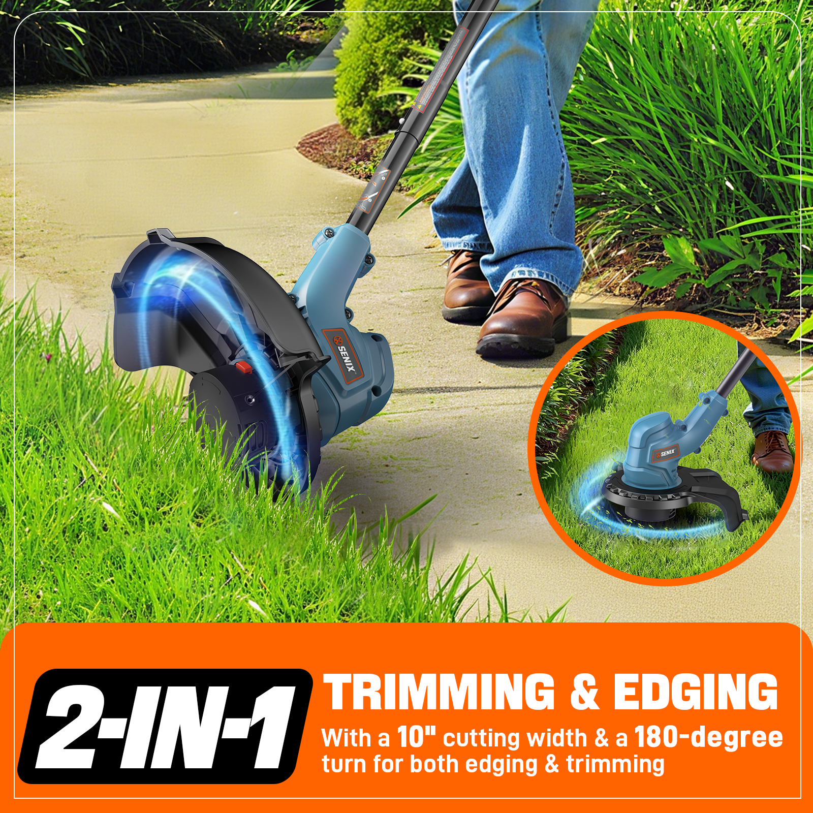 Senix 20V Cordless Grass Trimmer, 10 in Cutting Width, Rotating Split Shaft with Auto Line Feed (2.0Ah Battery and Charger Included) 26ulo