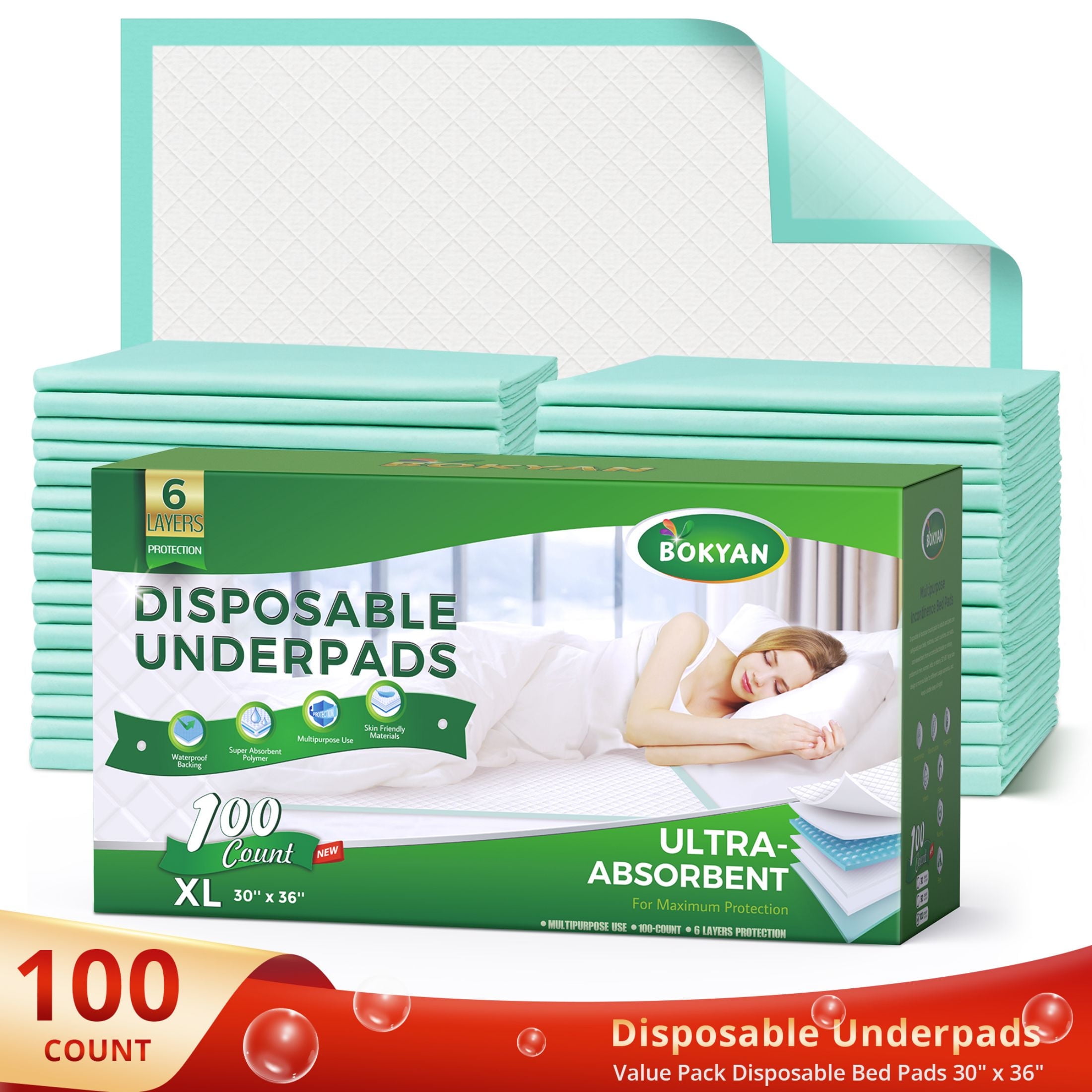 BOKYAN Disposable Incontinence Bed Pads (30 in x 36 in, 100 Count) 064lp