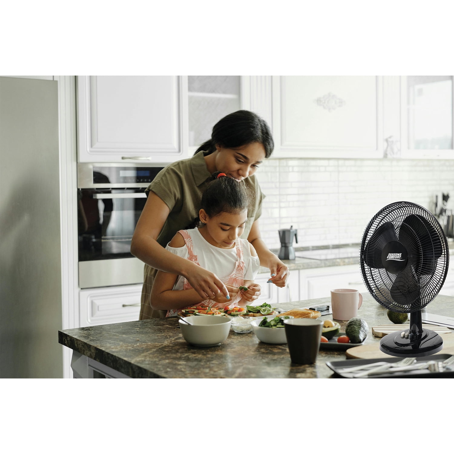 Seasons Comfort 16 Inch Oscillating Tabletop Fan, 3-Speed Quiet Cooling (Black, 21 in H x 16 in W) yy2b0