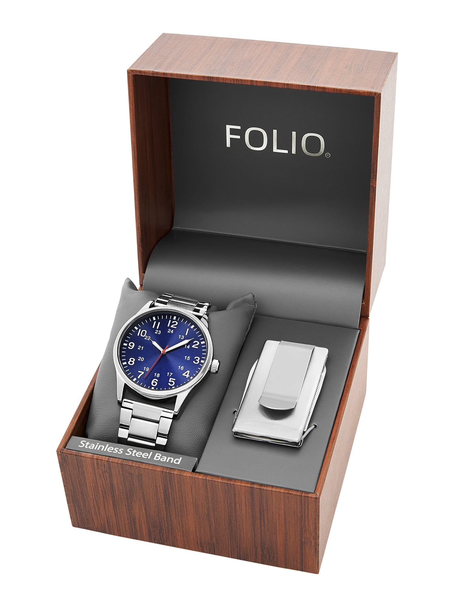 Folio Men's Stainless Steel Analog Watch and Money Clip Multi-Tool Gift Set (Silver, 42mm) 2y35f