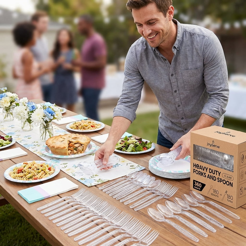 JoyServe Disposable Plastic Utensils Set, Heavy-Duty Forks and Spoons for Catering and Parties (Clear, 360 Pack) wfojf