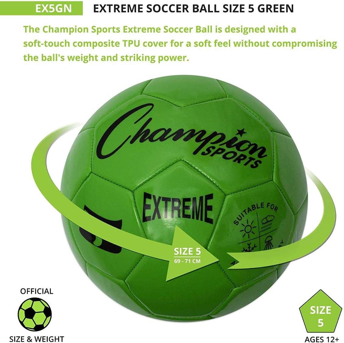 Champion Sports Extreme Series Soccer Ball, Professional Grade Match Ball for Training and League Play (Green, Size 5) ctjsx