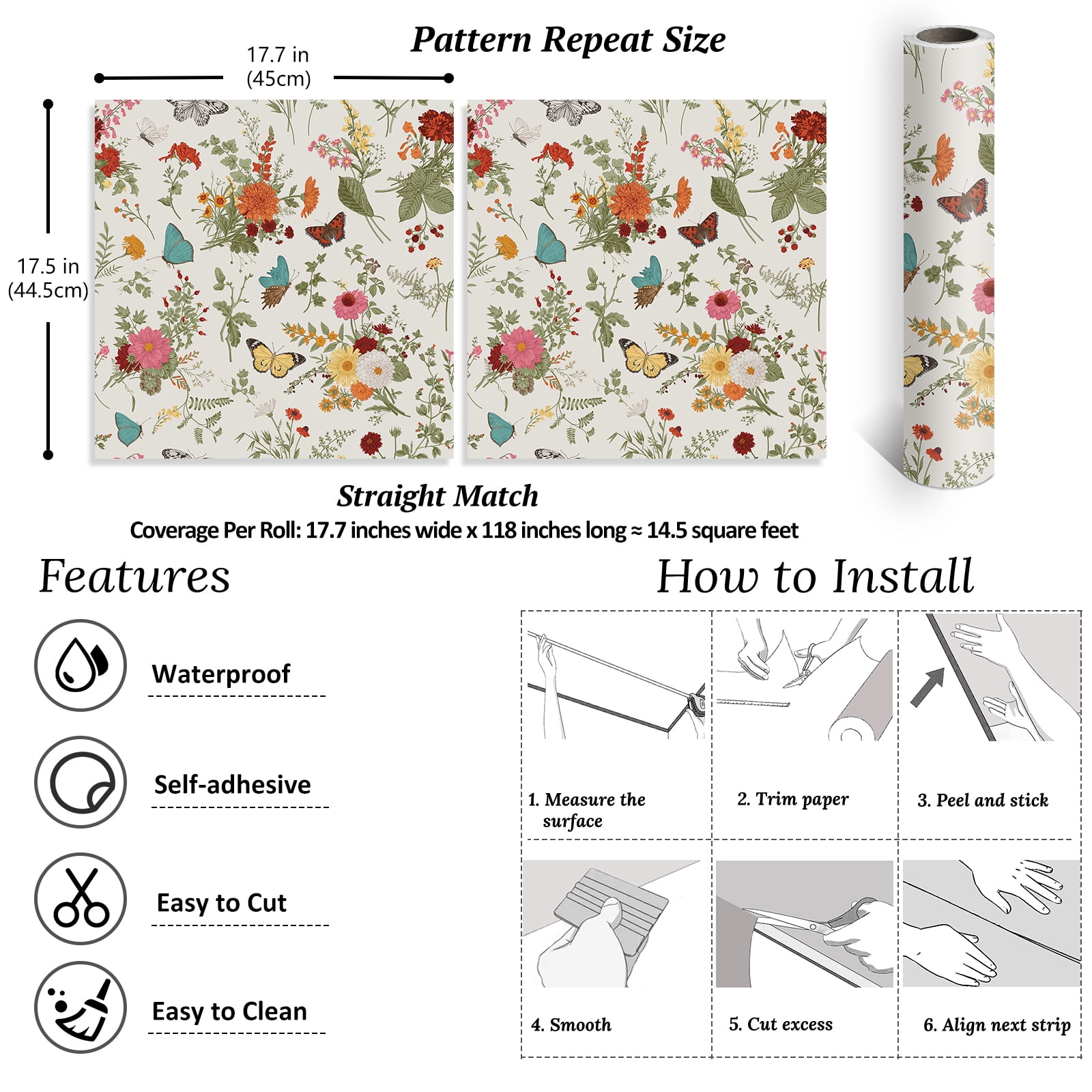 VEELIKE Floral Peel and Stick Wallpaper Vintage Butterflies Marigolds Self-Adhesive Contact Paper for Home Decor (Multi-color, 17.7 in x 118 in) 9ccgs