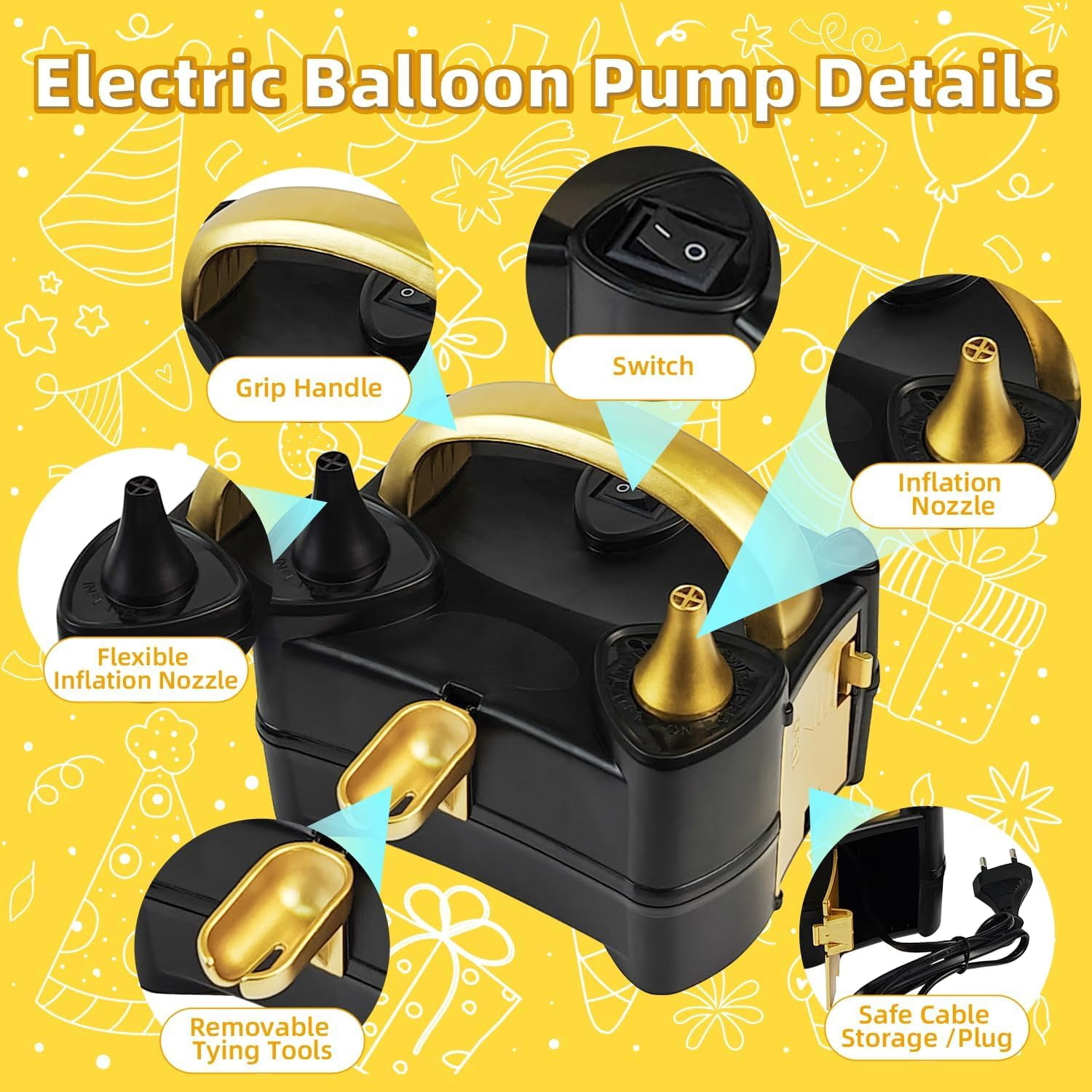 Generic Electric Balloon Inflator Pump Dual Nozzle Portable Air Blower for Party Decorations (Gold, 5.9 in x 4.3 in x 4.5 in) 90pgj