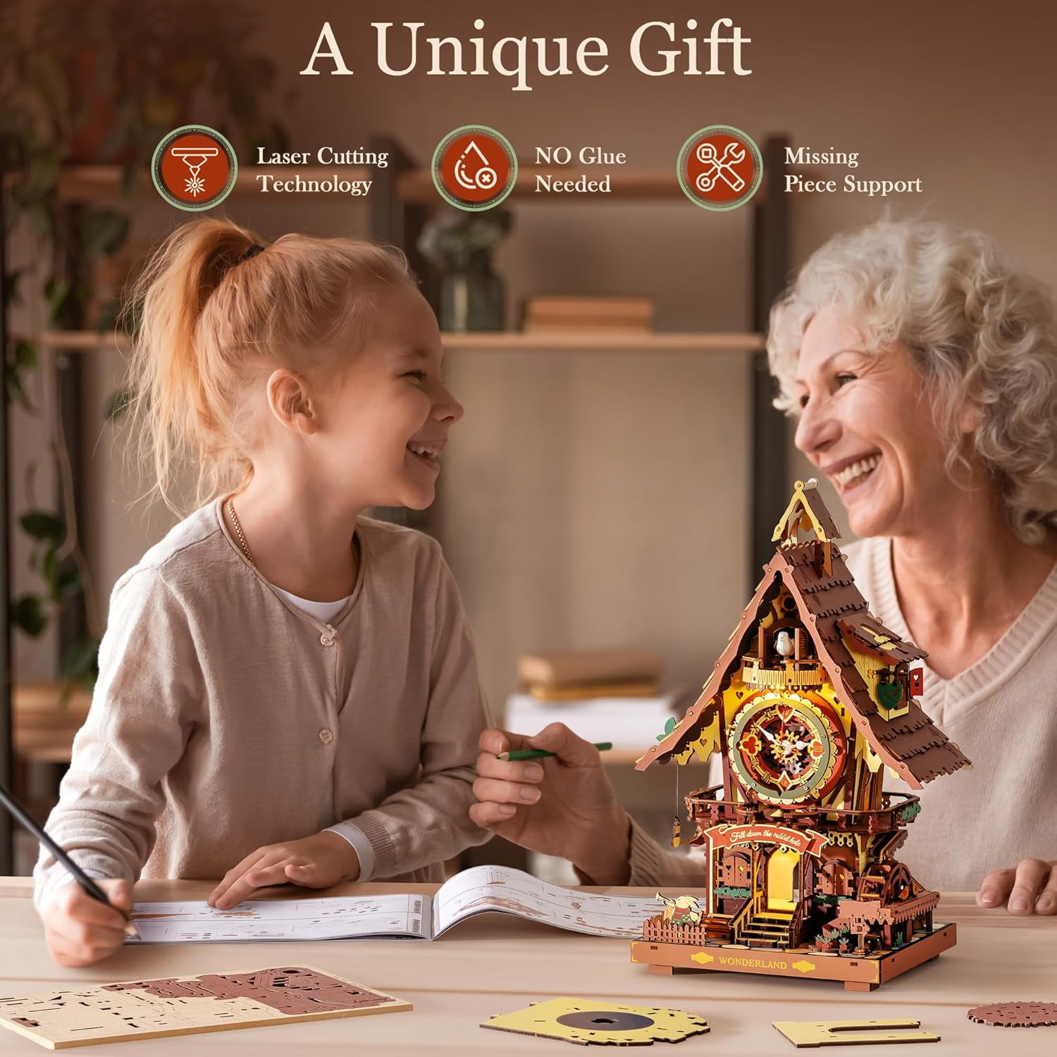 ROKR Cuckoo Clock Mechanical 3D Wooden Puzzle (Colorful, 12 in x 8 in) rq06t