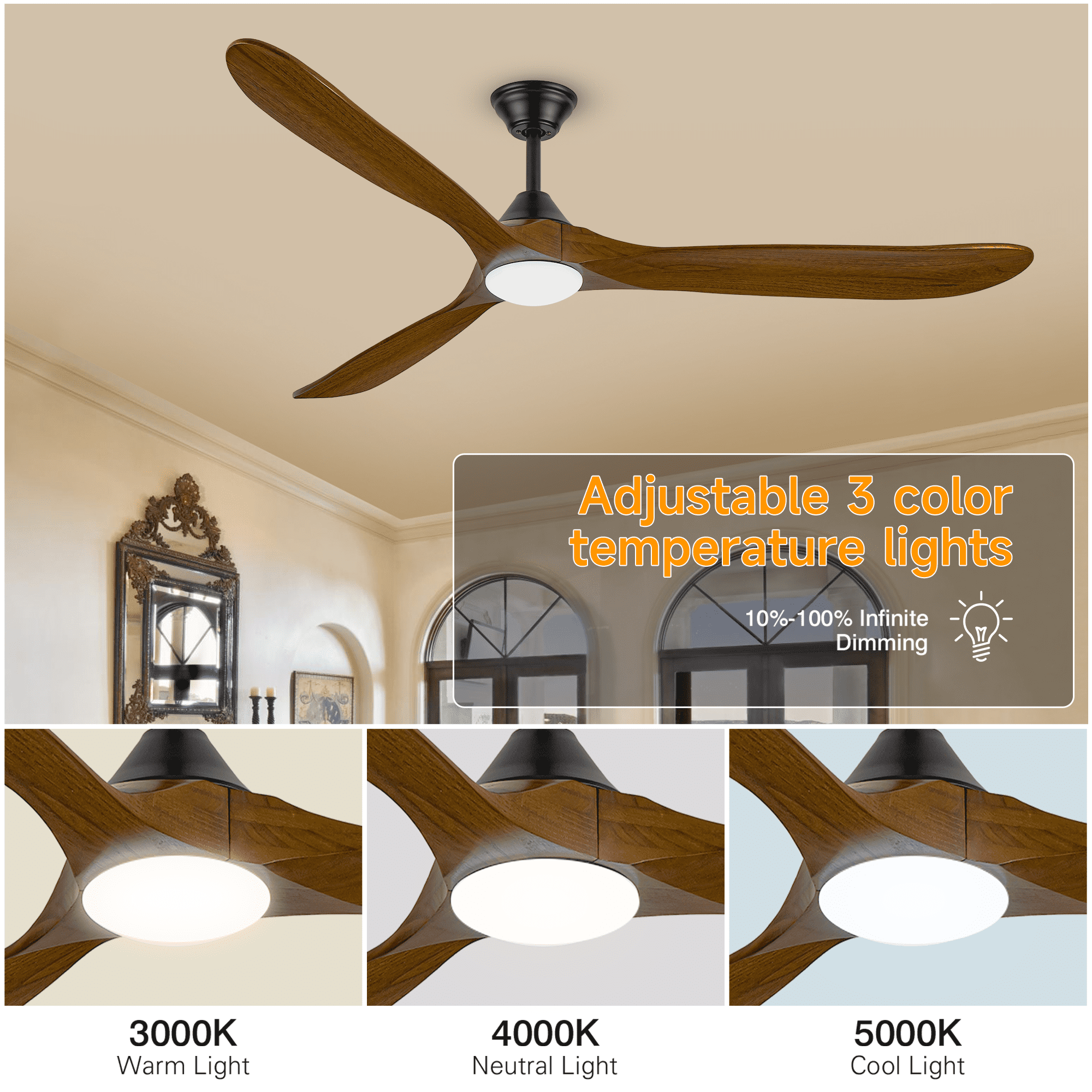 DOOZOLER 60 in Ceiling Fan with LED Light and Remote, 3 Solid Wood Blades, Dimmable Farmhouse Indoor Outdoor Fan (Brown, 60 in) 6gc4b