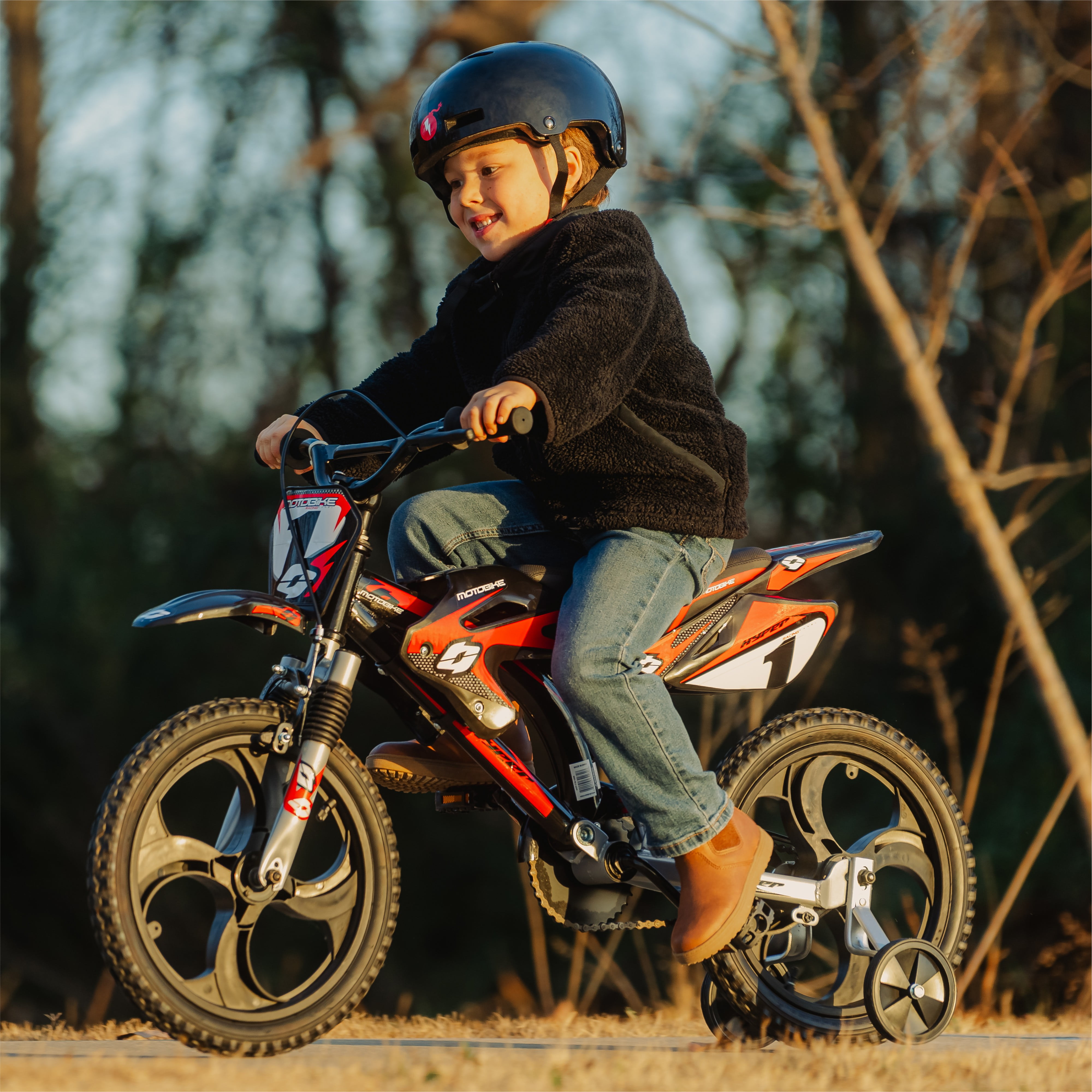 Hyper Bicycles 16 in Moto Bike for Kids, Durable Steel Frame with Training Wheels (Black/Red, 16 in) q75c1