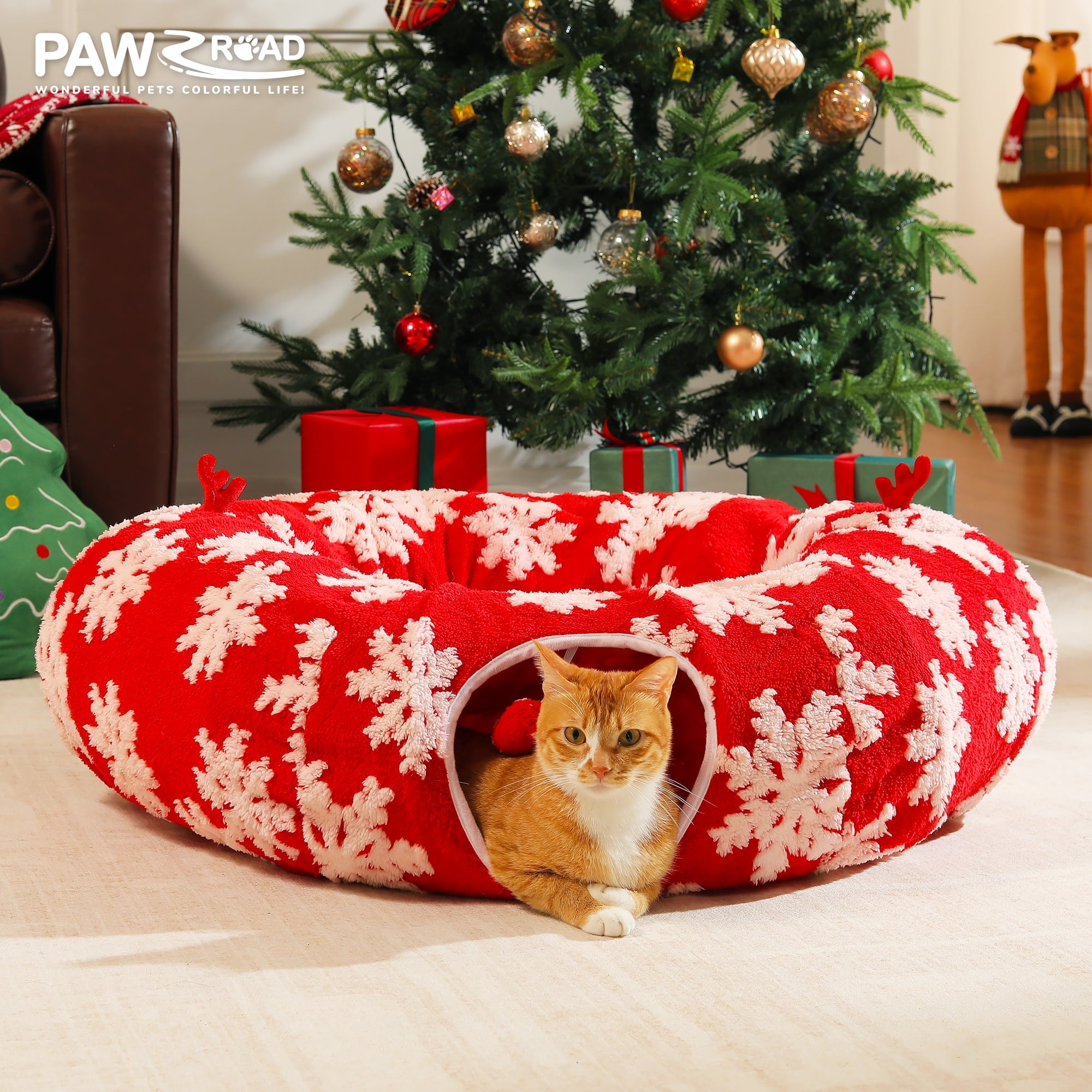 PAWZ Road Christmas Cat Tunnel Bed with Soft Mat and Hanging Toys (Red, 34 in) 3w2e7