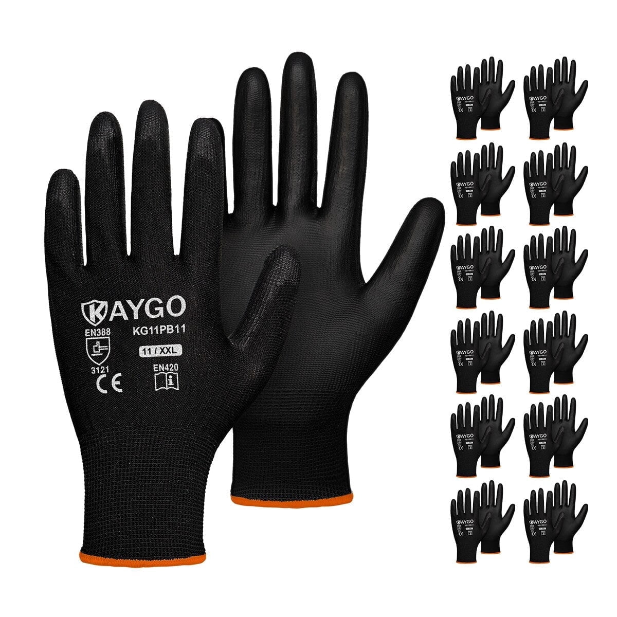 KAYGO Safety Work Gloves, PU Coated Seamless Knit Grip Gloves for Men and Women (Black, 2XL, 12 Pairs) zsegz