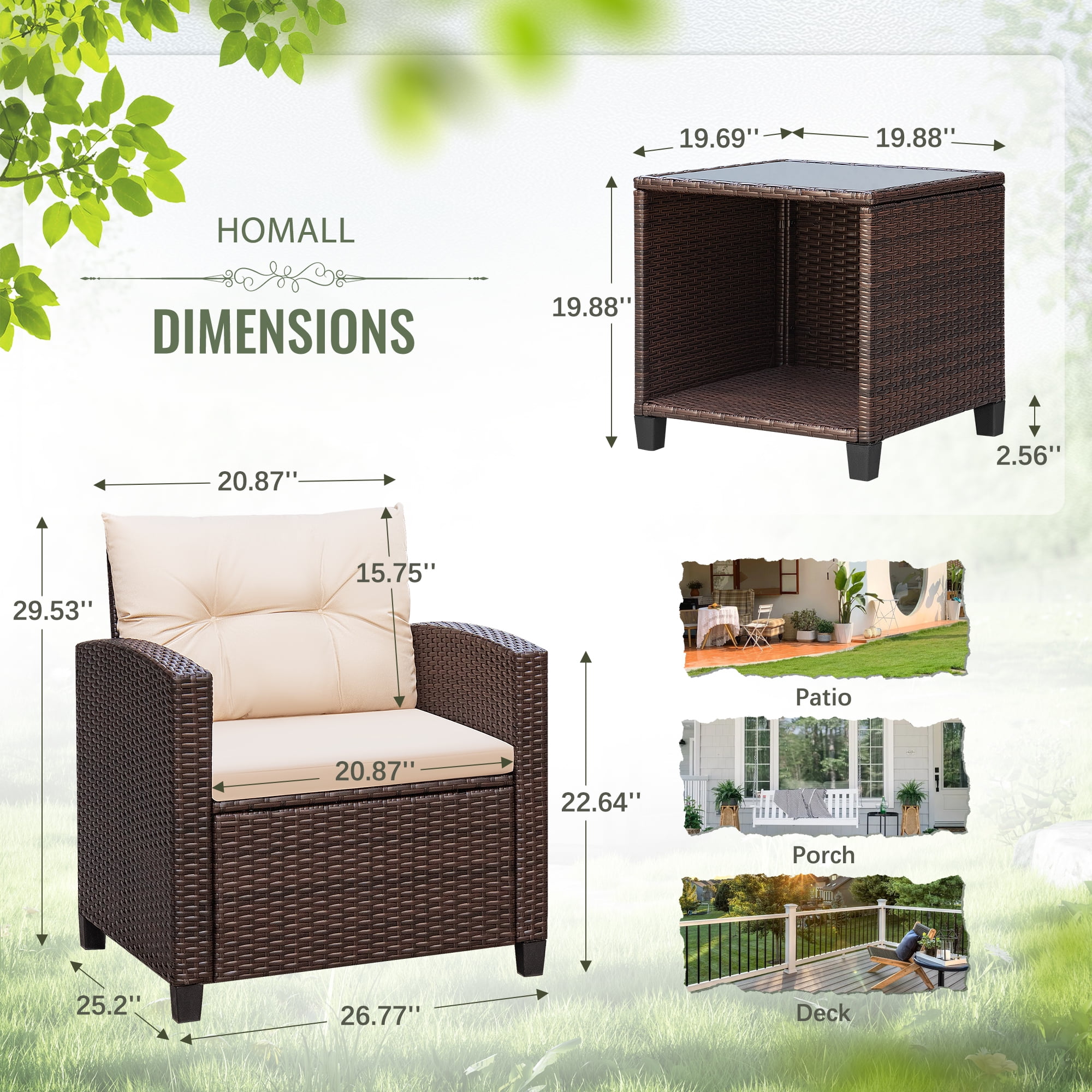Homall 3-Piece Patio Furniture Set, Outdoor Rattan Bistro Chairs with Cushions and Coffee Table (Beige) 7jzjh