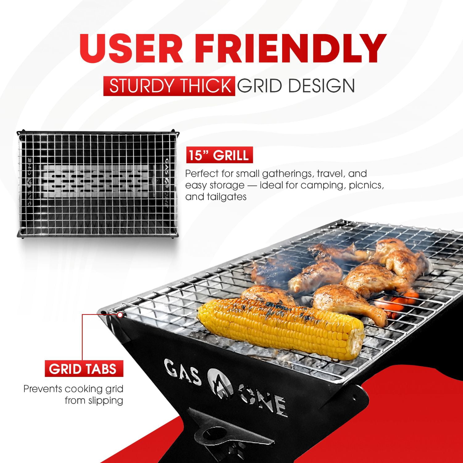 Gas One Portable Charcoal Grill, Foldable BBQ Grill for Camping and Backyard (15 in) ze38s