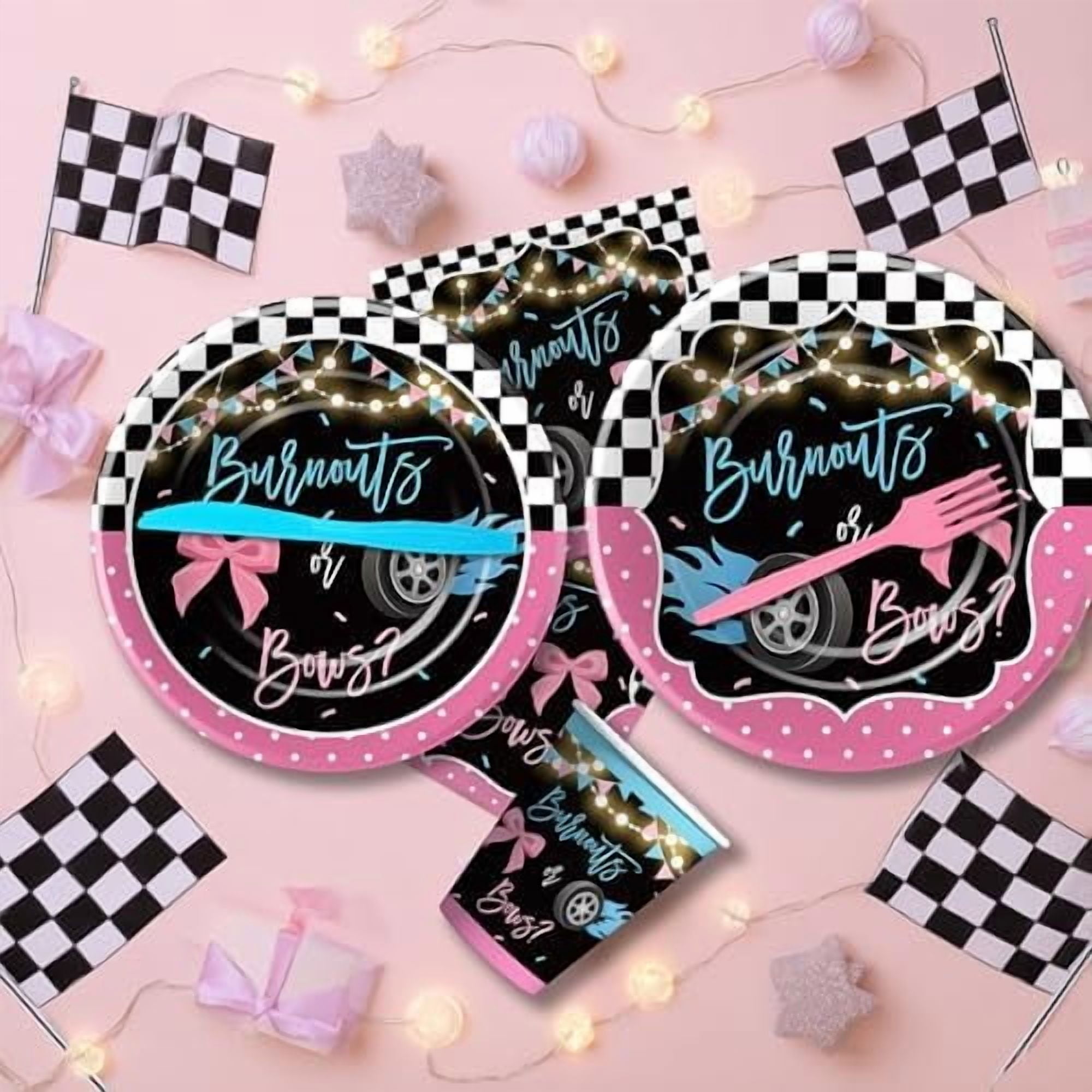Burnouts or Bows Gender Reveal Party Supplies Set, Race Car vs Bows Baby Shower Tableware (Pink, Serves 24) cc7vy