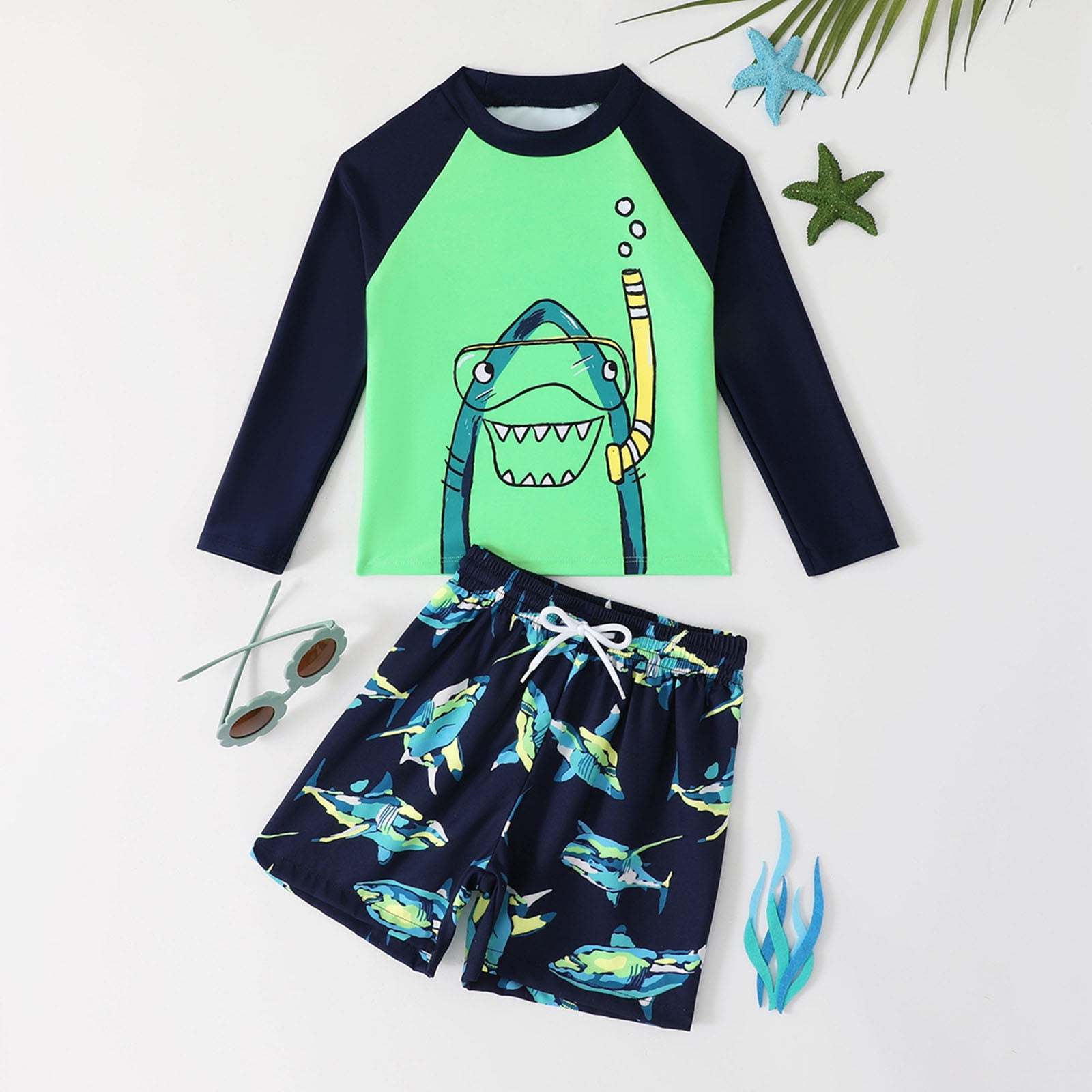 Solthread Toddler Boys Long Sleeve Swimsuit UPF 50+ Quick Dry Beach Outfit (Green, 3T-4T) 09j9j