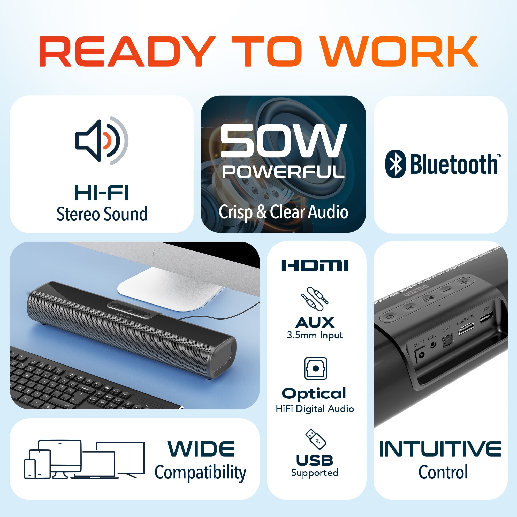 Delton SB380 Stereo Sound Bar, 50W Computer Speakers, Wired & Wireless Soundbar with Remote Control (Black, 15.74 in) 4d19d