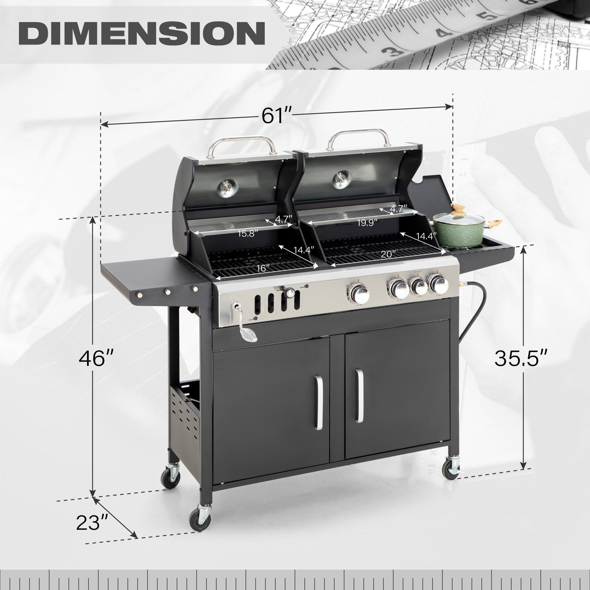 Alpha Joy Dual Fuel Gas and Charcoal Grill Combo with 3 Burners and Side Burner (Black, 685 sq in) 0fuzt