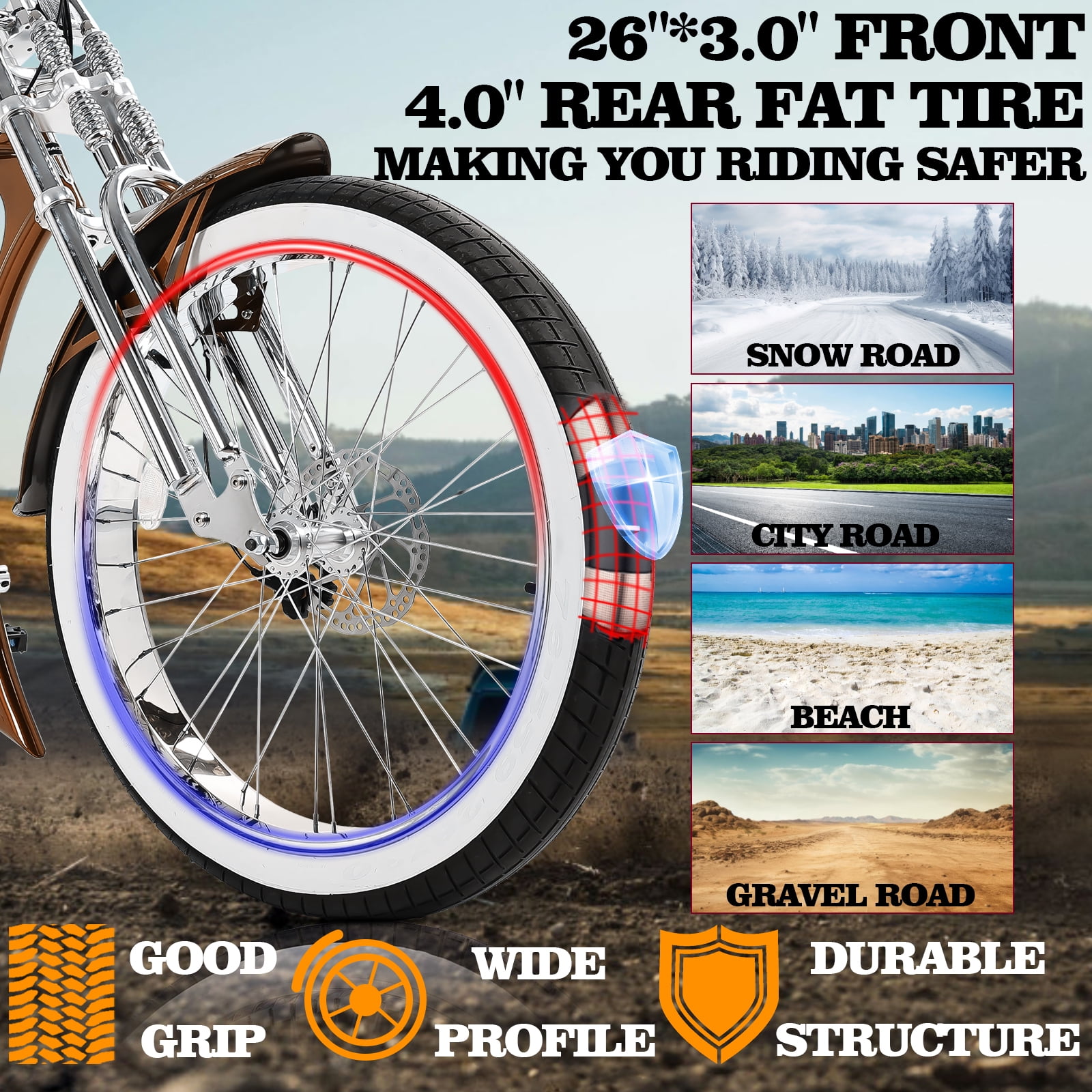 Tracer Bikes Scorpion GTS 26 in Stretch Beach Cruiser Bike (7-Speed, Suspension Fork, Disc Brake, Black) ewj6b