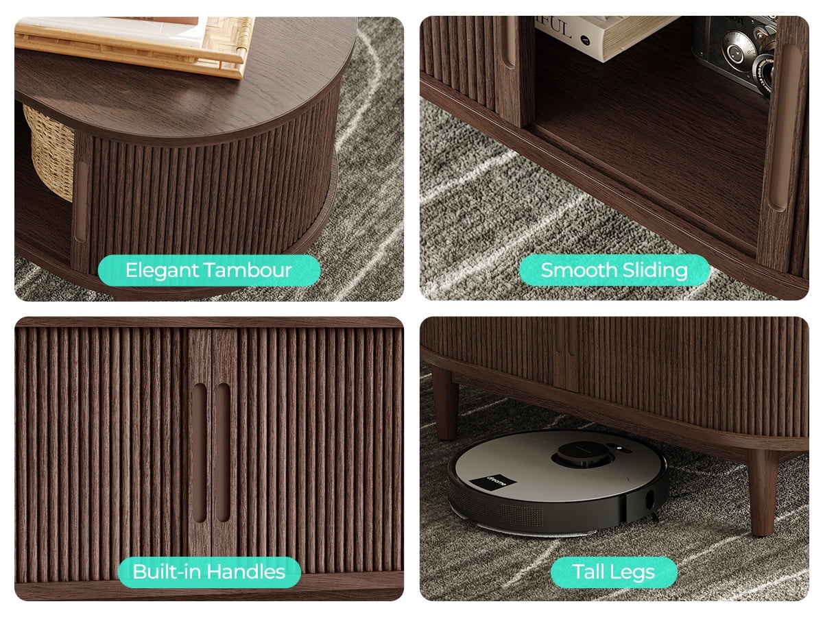 LINSY HOME Fluted Coffee Table with Storage, Mid-Century Modern Living Room Furniture with Sliding Tambour Doors (Walnut, 47.2 in x 23.6 in x 17.7 in) 3zusi