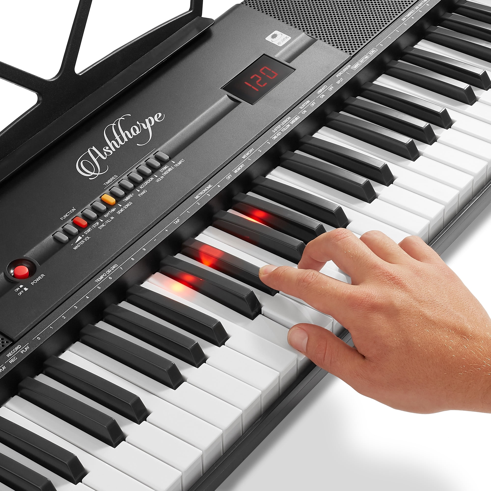 Ashthorpe 61-Key Digital Electronic Keyboard Piano with Light Up Keys, Beginner Kit with Stand and Stool (Black, 35.75 in x 10.25 in x 3 in) ddr9p