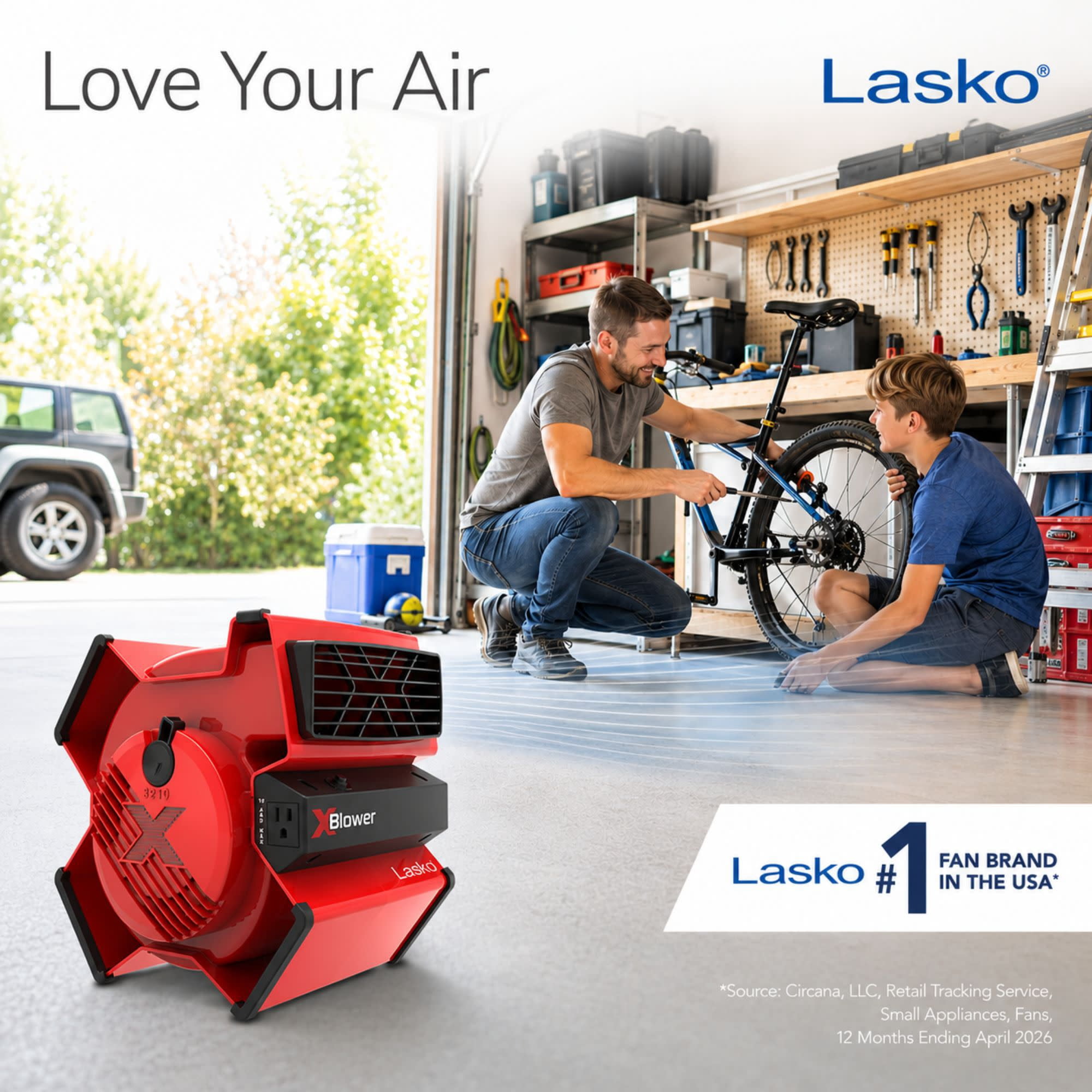 Lasko X-Blower 11 in High Velocity Utility Fan with USB Ports and Power Outlet (Red, 11 in) hkx2j