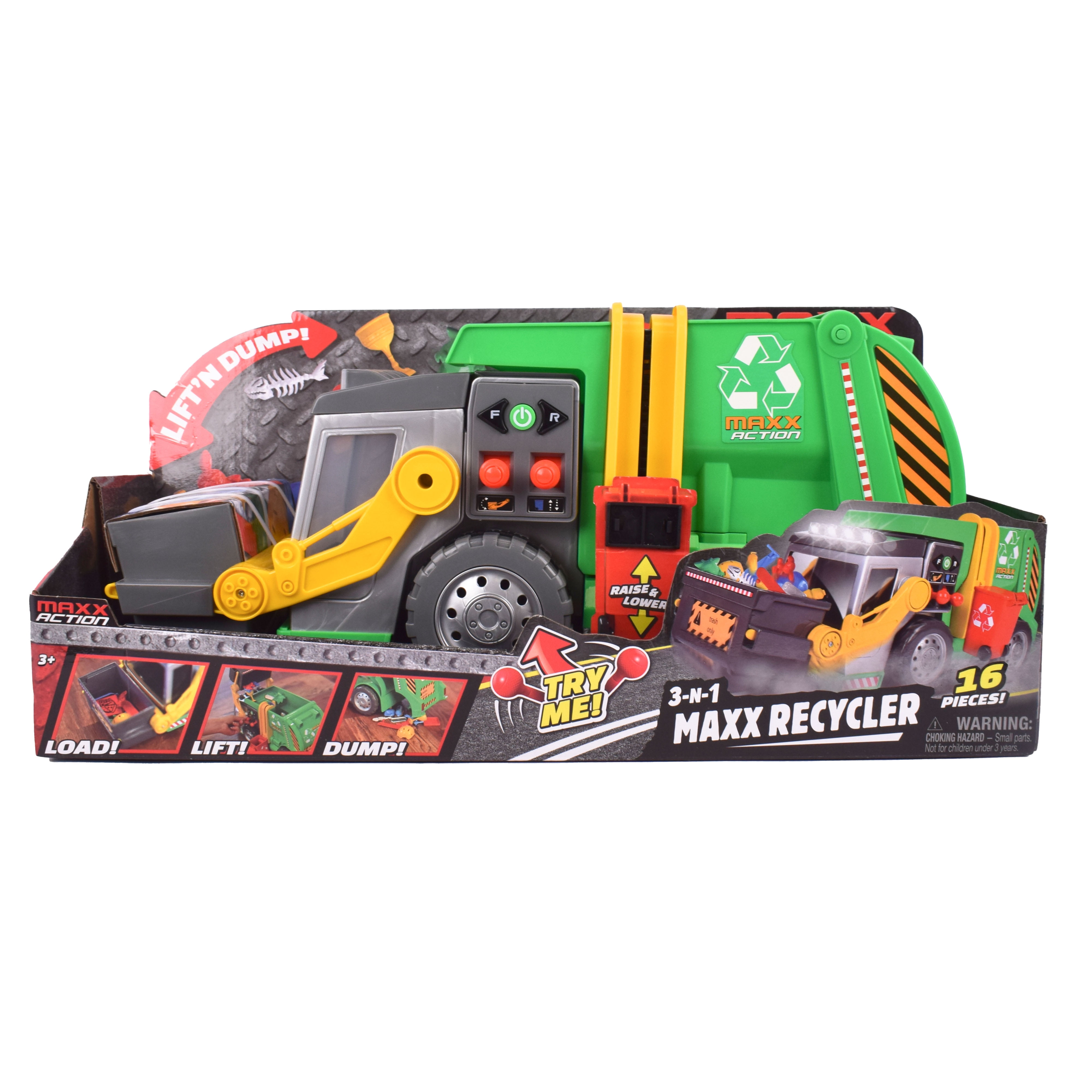 Maxx Action 3-N-1 Recycler Garbage Truck Toy with Motorized Drive, Lights, and Sounds (19 in x 9 in) s1h6f