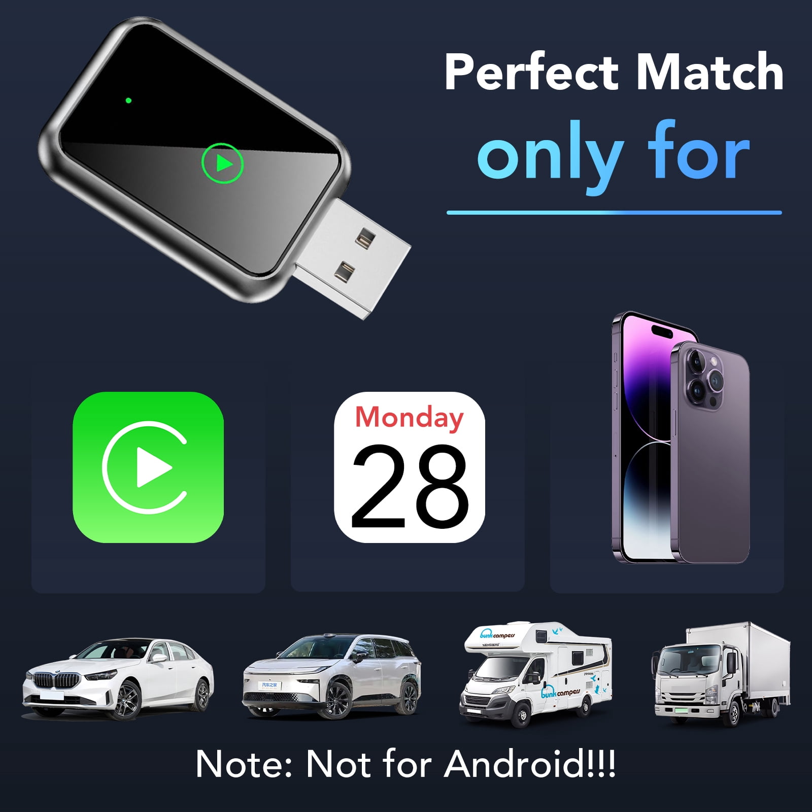SUPBS Wireless CarPlay Adapter for iPhone, Wired to Wireless Converter Dongle (Black, 1 Pack) acfon