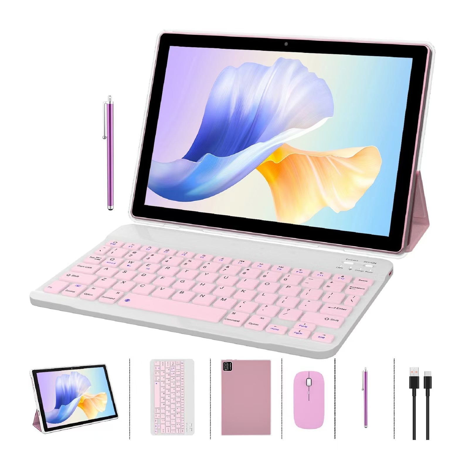 ZZB 10.1 inch Android Tablet Set with Keyboard Case Mouse and Stylus (Pink, 64GB) 43bib