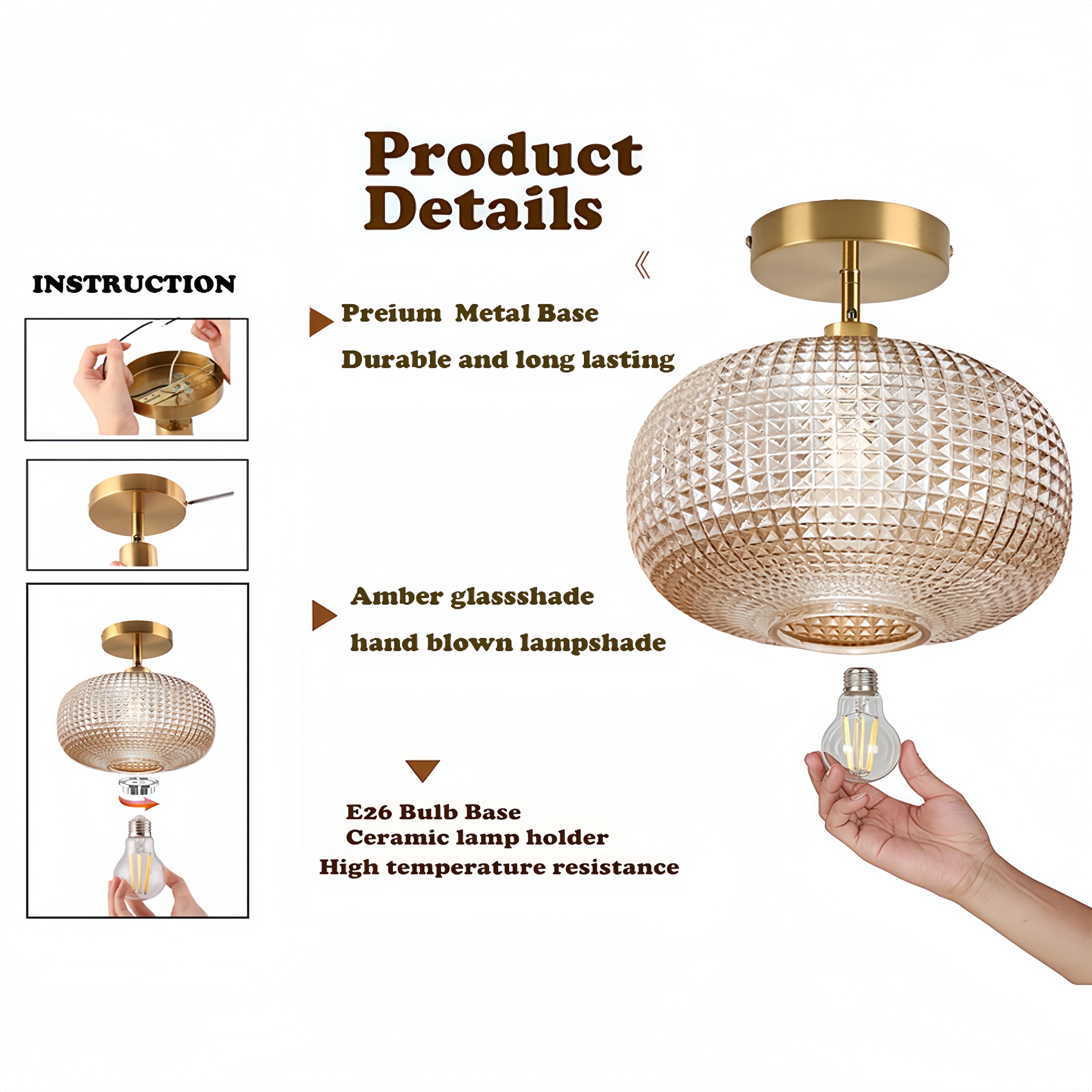 Jolydoly Semi Flush Mount Ceiling Light, Vintage Amber Glass Fixture for Hallway and Kitchen (9.84 in) fj967