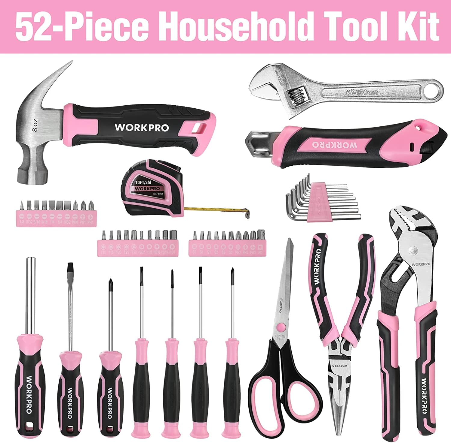WORKPRO 52-Piece Household Tool Kit with Storage Case (Pink, 52-Piece Set) ed6ss