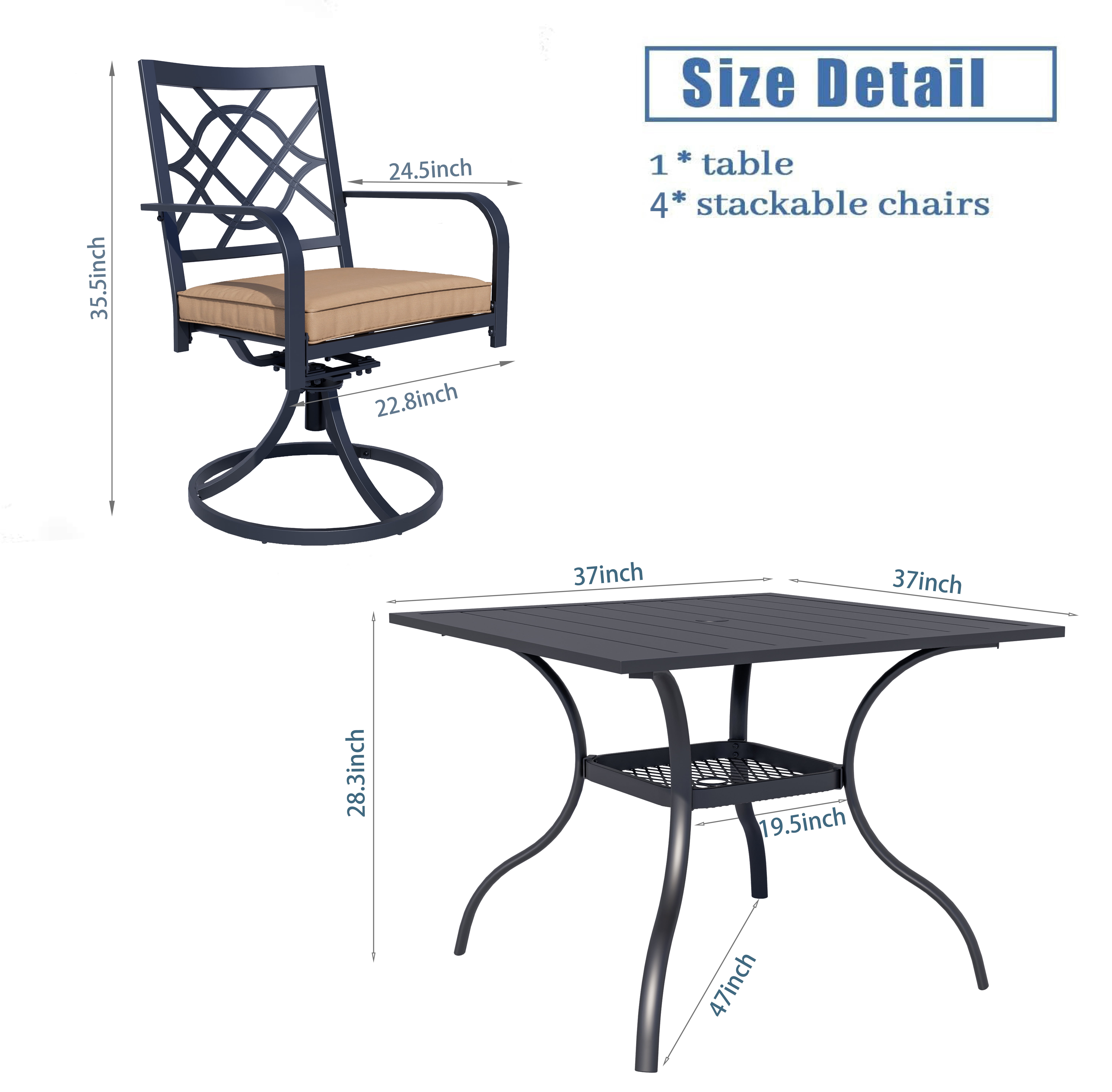 Suncrown 5-Piece Outdoor Patio Metal Dining Set with Swivel Chairs and Table (Brown Cushions, 37 in Table) 7hquh