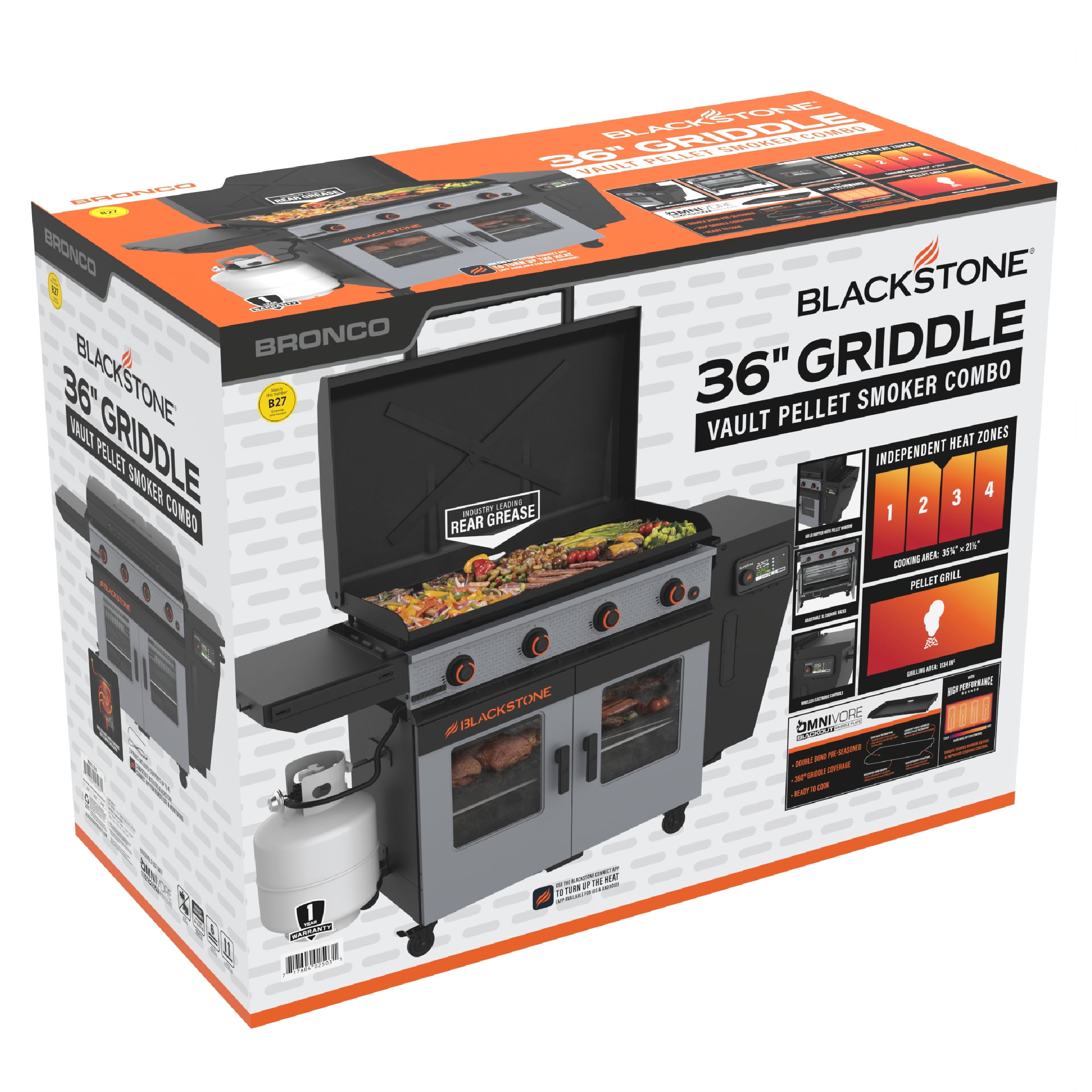 Blackstone Bronco Outdoor Combo Griddle, 36 in 4-Burner Flat Top Grill with Vertical Pellet Smoker (Grey) xh2mx