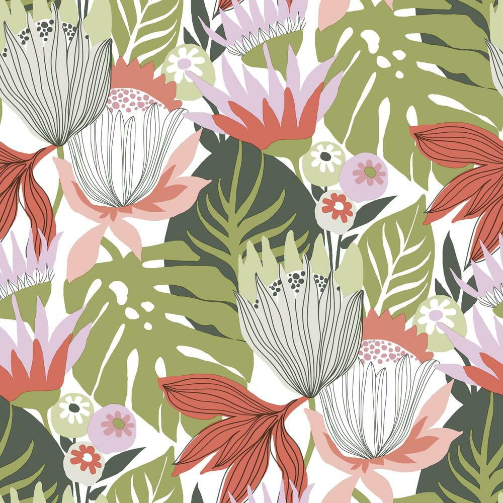 RoomMates Retro Tropical Leaves Peel and Stick Wallpaper (Pink, 20.5 in x 16.5 ft) jncuq