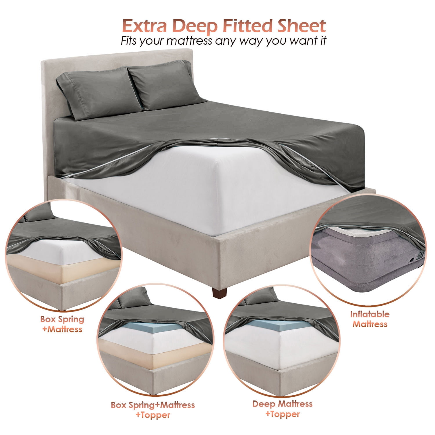 Nestl Extra Deep Pocket Queen Bed Sheet Set (Dark Gray, 6 Piece, Fits 18-24 in Mattresses) 4dk4x