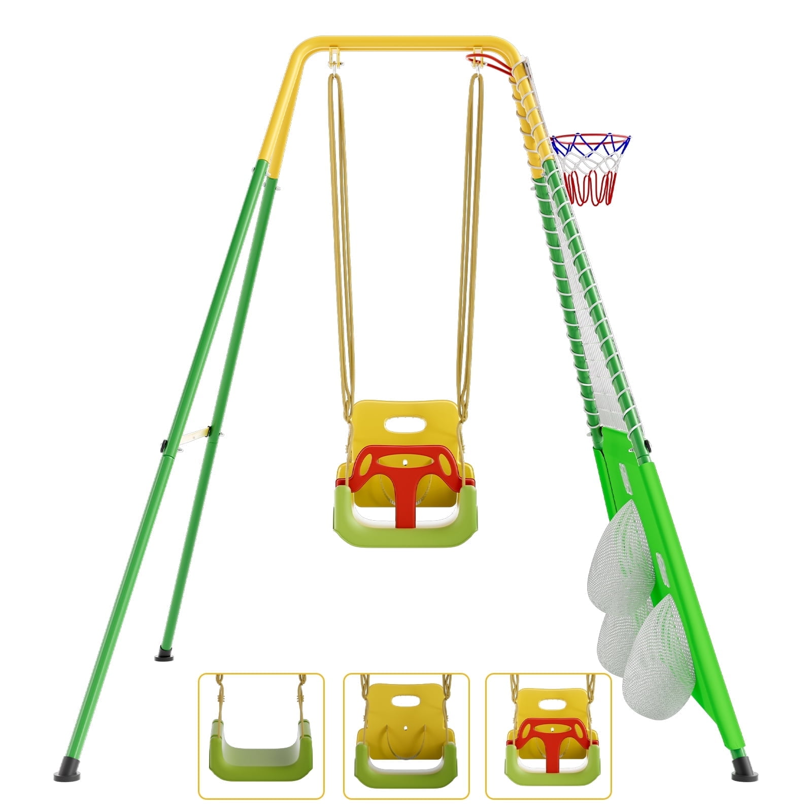 SENCHO GINSYTALIOR 3-in-1 Toddler Swing Set with Basketball Hoop and Soccer Net, Indoor Outdoor Kids Playground (Green, 67 in x 55 in x 61 in) 0vpcf