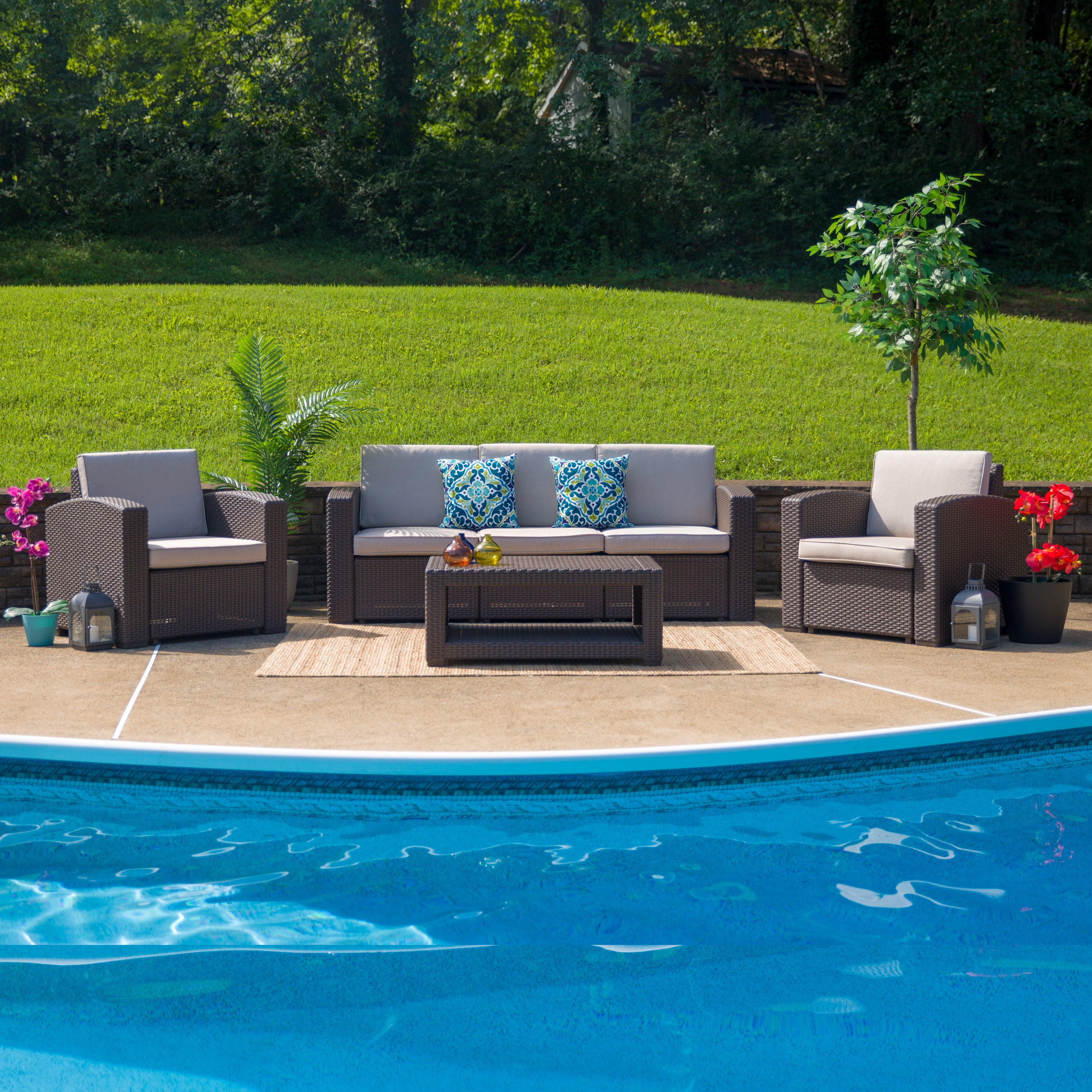 Flash Furniture Seneca 4 Piece Outdoor Faux Rattan Patio Conversation Set (Chocolate Brown, 4-Piece Set) q1jju