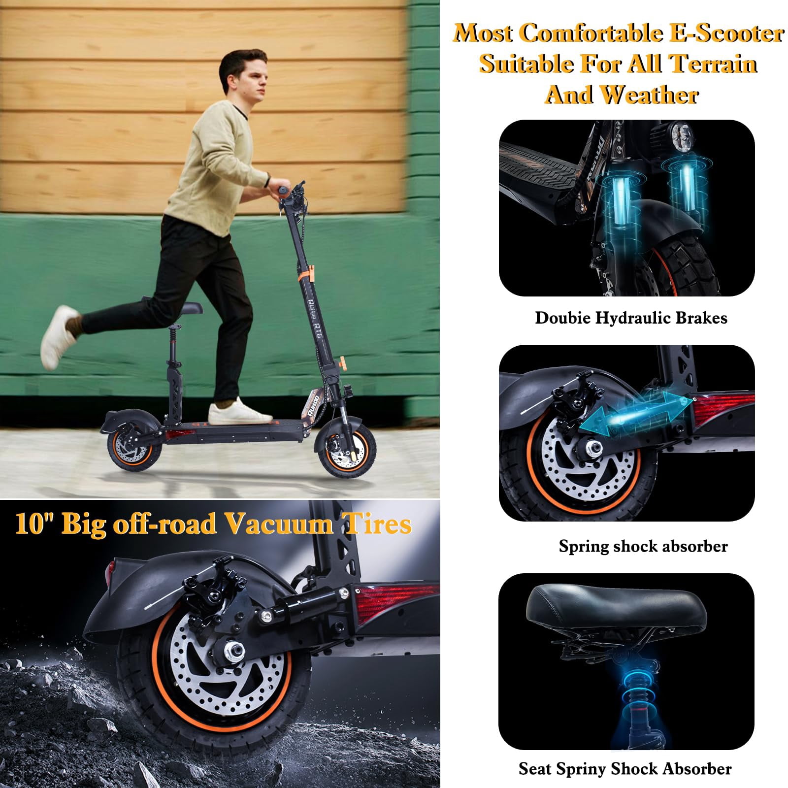 RubiQ Sports 800W Electric Scooter for Adults with Seat (Black, 264 lb Max Load) bdeku