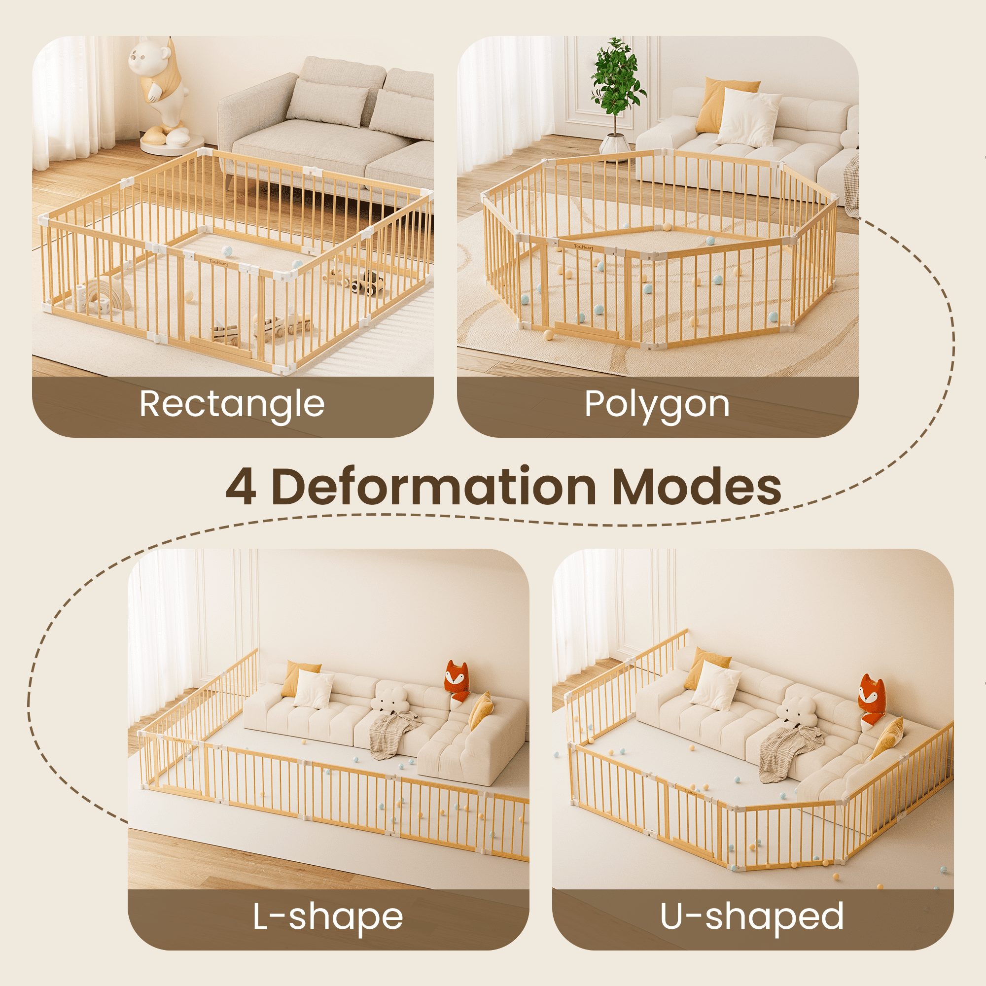 TouHeart Wooden Baby Playpen, Foldable Safety Play Fence with Gate (Natural Wood, 69 in x 69 in x 24 in) gap0x