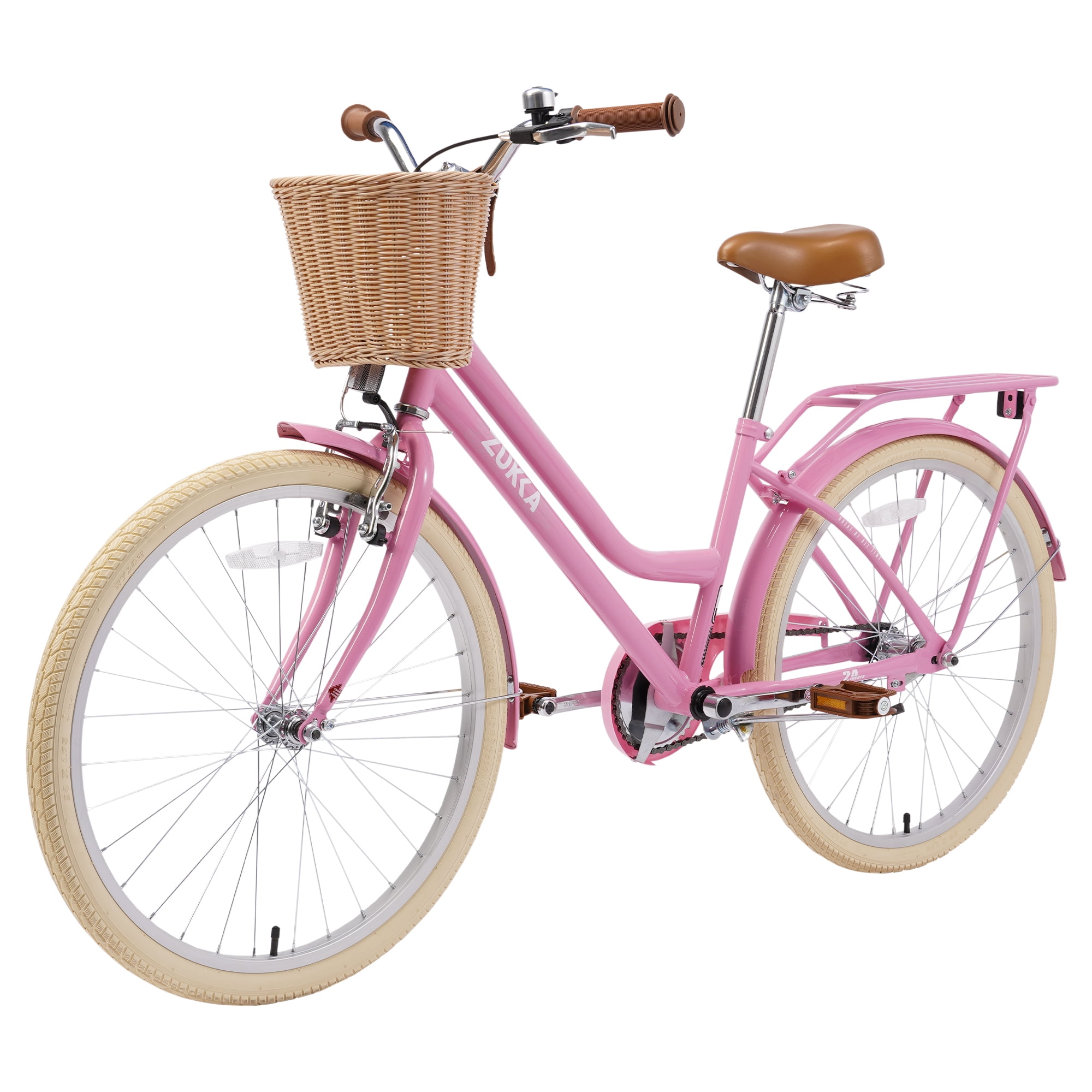 Zukka 24 inch Cruiser Bike City Commuter Bicycle with Woven Basket (Light Pink, 24 in) z0oyt