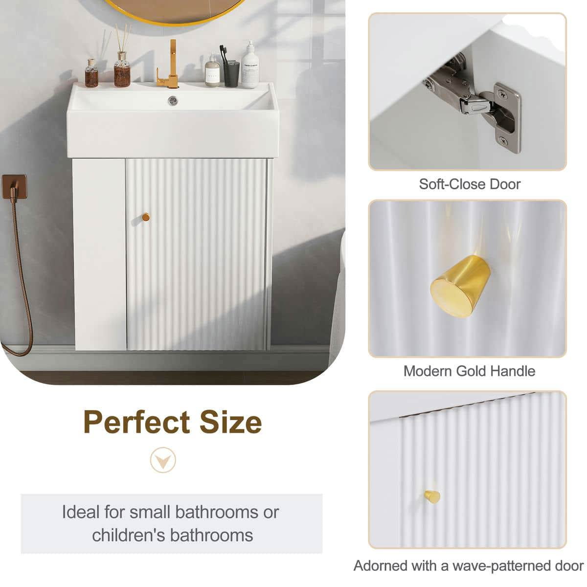 Kadyn Wall-Mount Bathroom Vanity, Modern Floating Vanity with Ceramic Basin and Left Side Storage (White, 21.6 in) 71b1h
