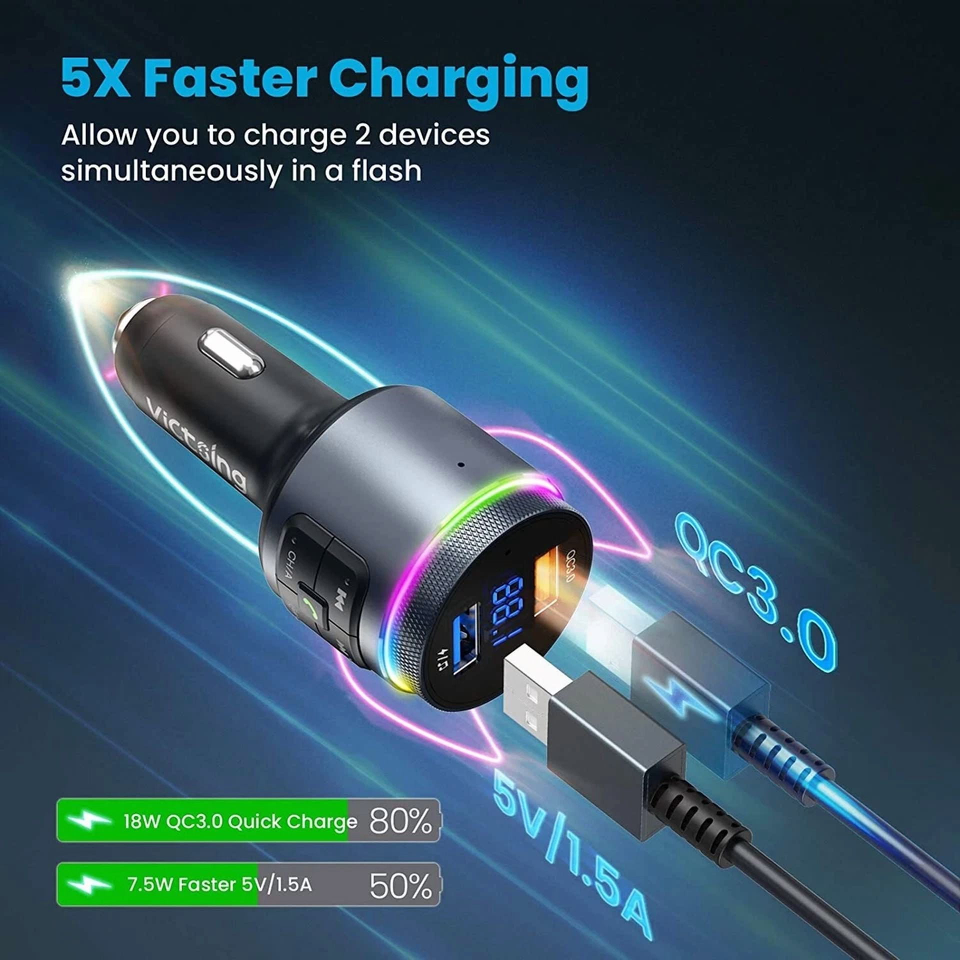 Rhea Bluetooth 5.0 Car FM Transmitter Adapter (Dual USB QC 3.0 Charger, Hands-Free Calling) obxnb