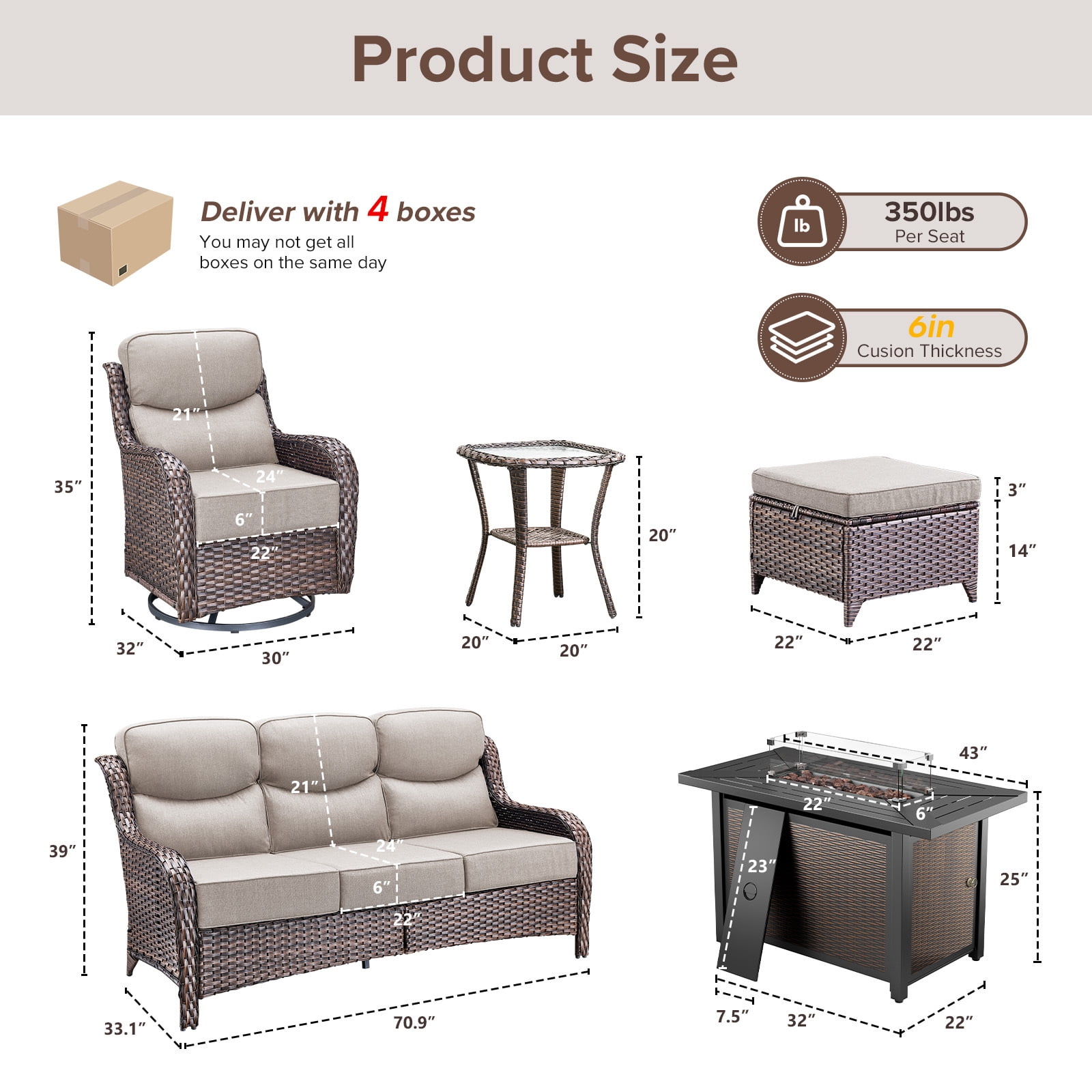 Bellefurn 7-Piece Patio Furniture Set with Fire Pit Table, Swivel Rockers, Sofa, and Ottomans (Brown, 7-Piece Set) hvj5c