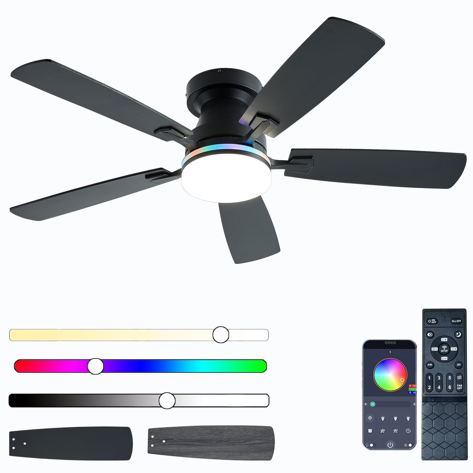 JSAITEE 48 in Low Profile Ceiling Fan with Light and Remote Control (Black, 48 in) 79ydt