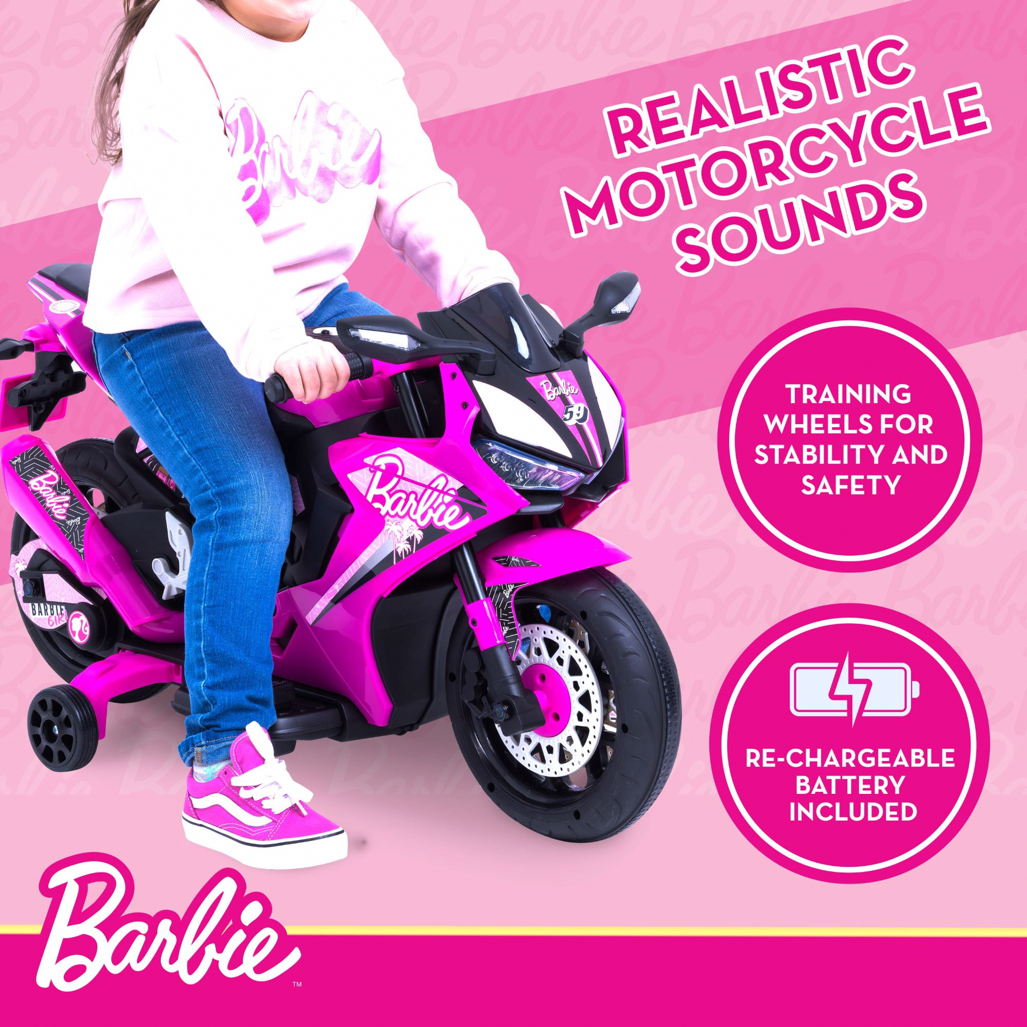 Barbie 6V Electric Motorcycle Ride-On Toy with Training Wheels (Pink, 65 lb Capacity) qed66