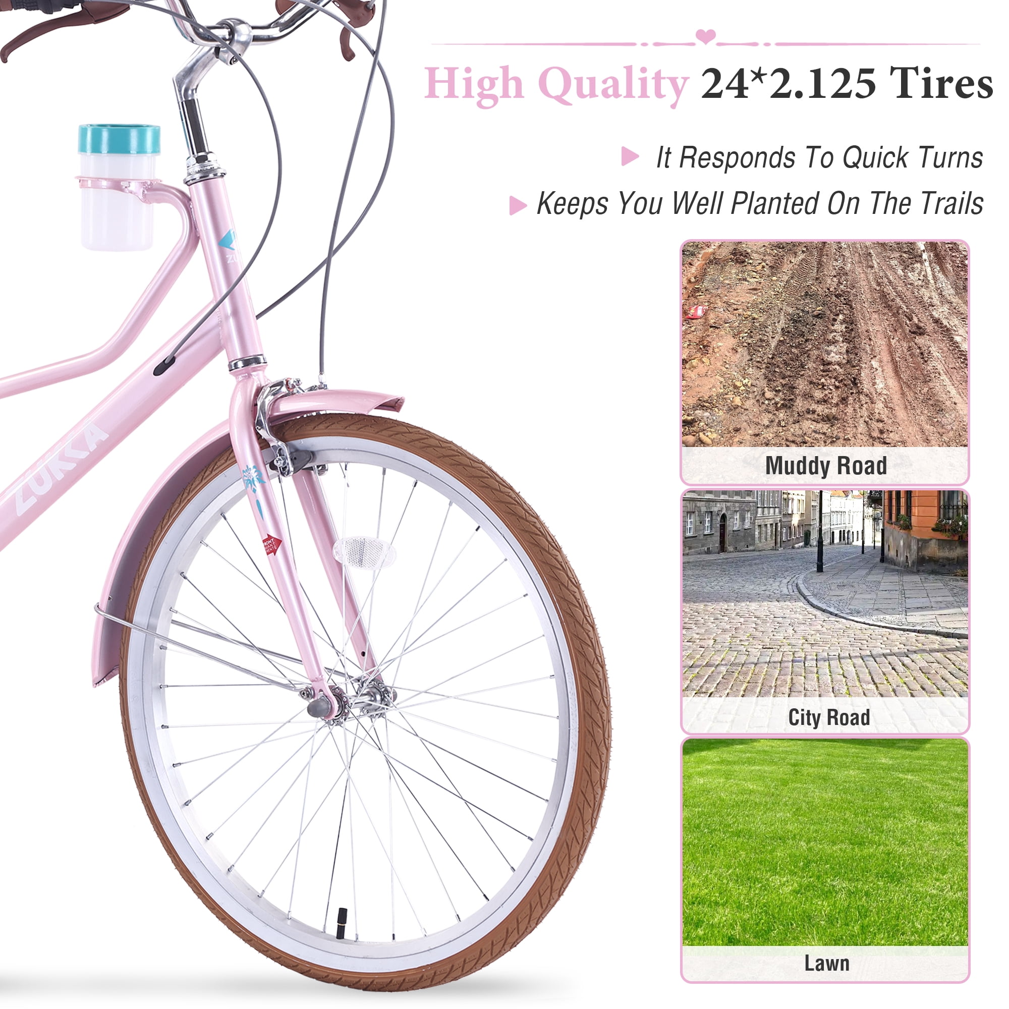 MEGHNA 24-inch Cruiser Bike 6-Speed Steel Frame Commuter Bicycle with Rear Rack and Cup Holder (Pink, 24 in) xhoso