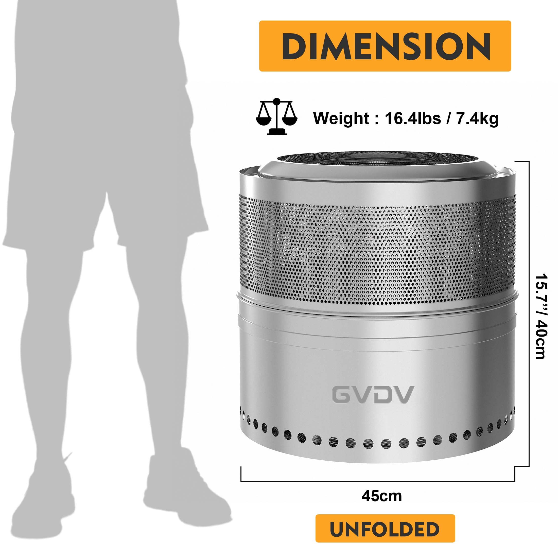 GVDV Smokeless Camping Fire Pit, Collapsible Stainless Steel Outdoor Heater (Silver, 18 in) tuw10