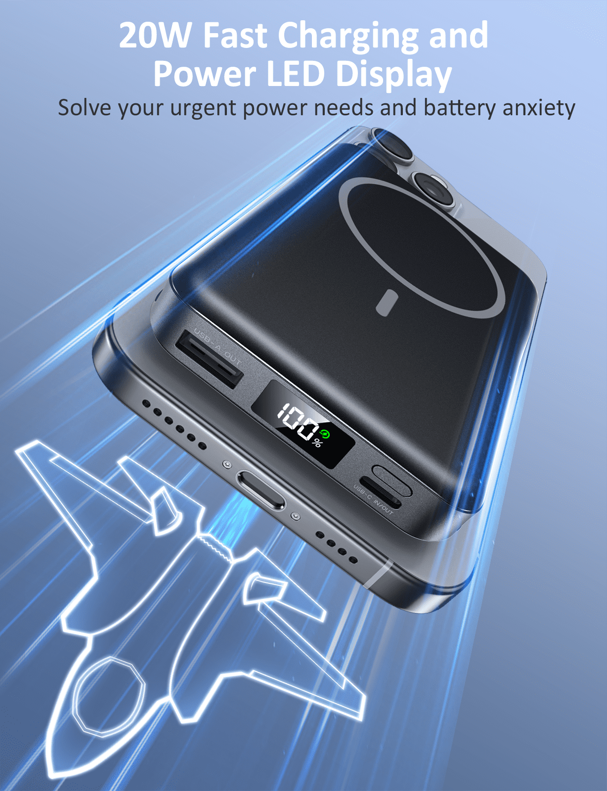 Breezio Magnetic Portable Charger (10000mAh, 20W Fast Charging, 5-in-1 Power Bank with Built-in Cable, Black) 2x8ce