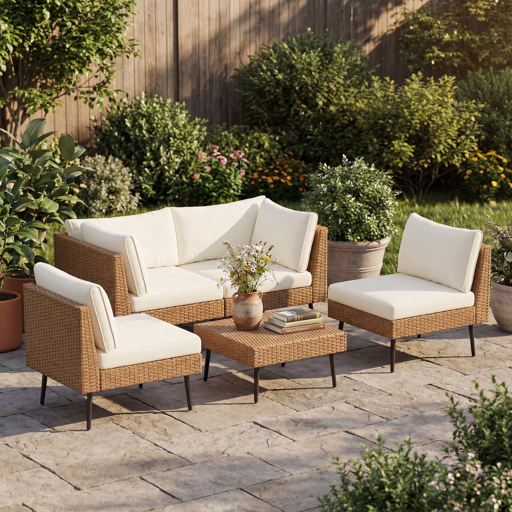 LAZZO 5-Piece Outdoor Wicker Conversation Set, All-Weather Sectional Sofa with 4 Chairs and 1 Ottoman (Beige, 5-Piece Set) snctr
