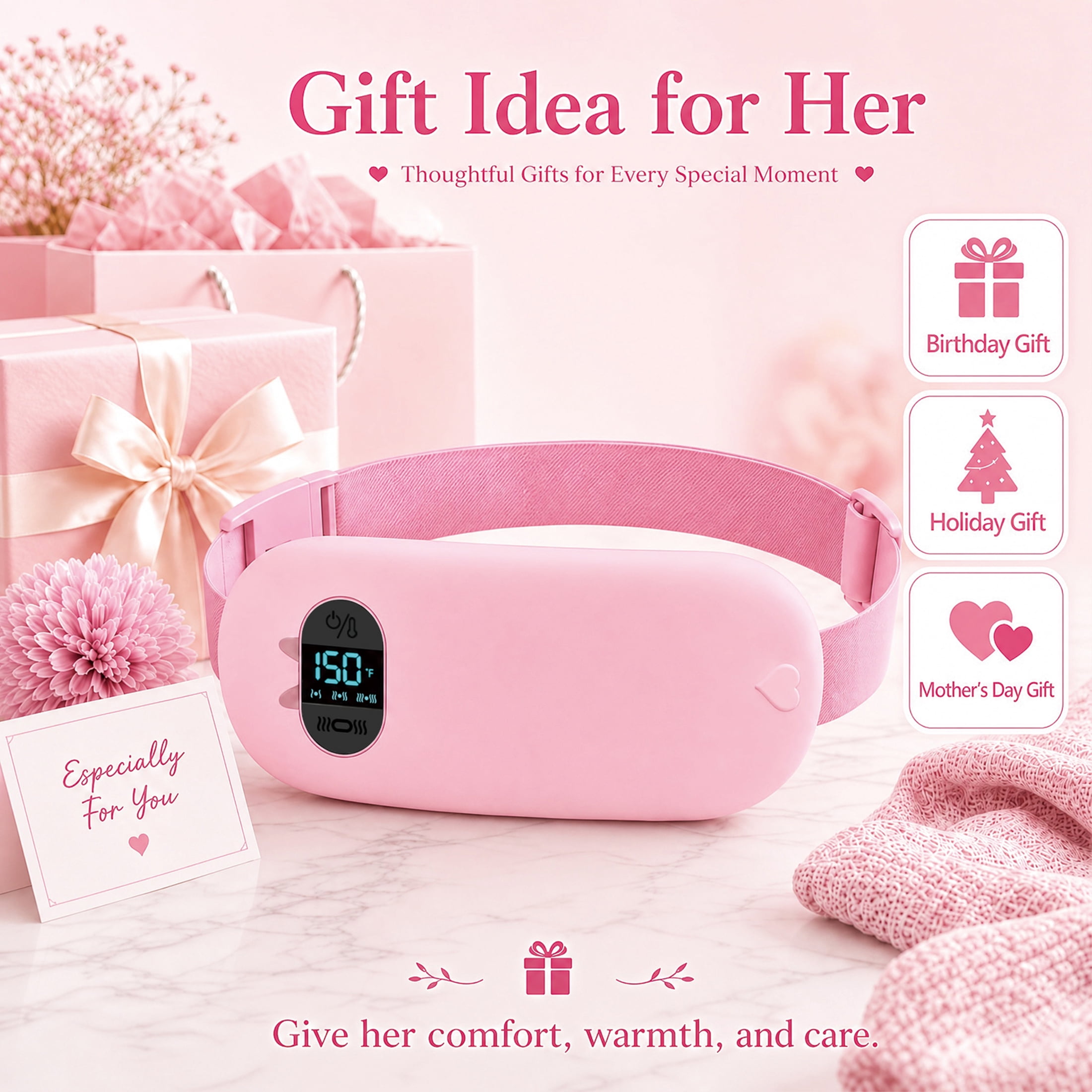 TeSabMi Cordless Heating Pad for Period Cramps, Portable Menstrual Belt with 6 Heat Levels & 6 Vibration Modes (Pink, 25.5 to 55 in) 4pgtx