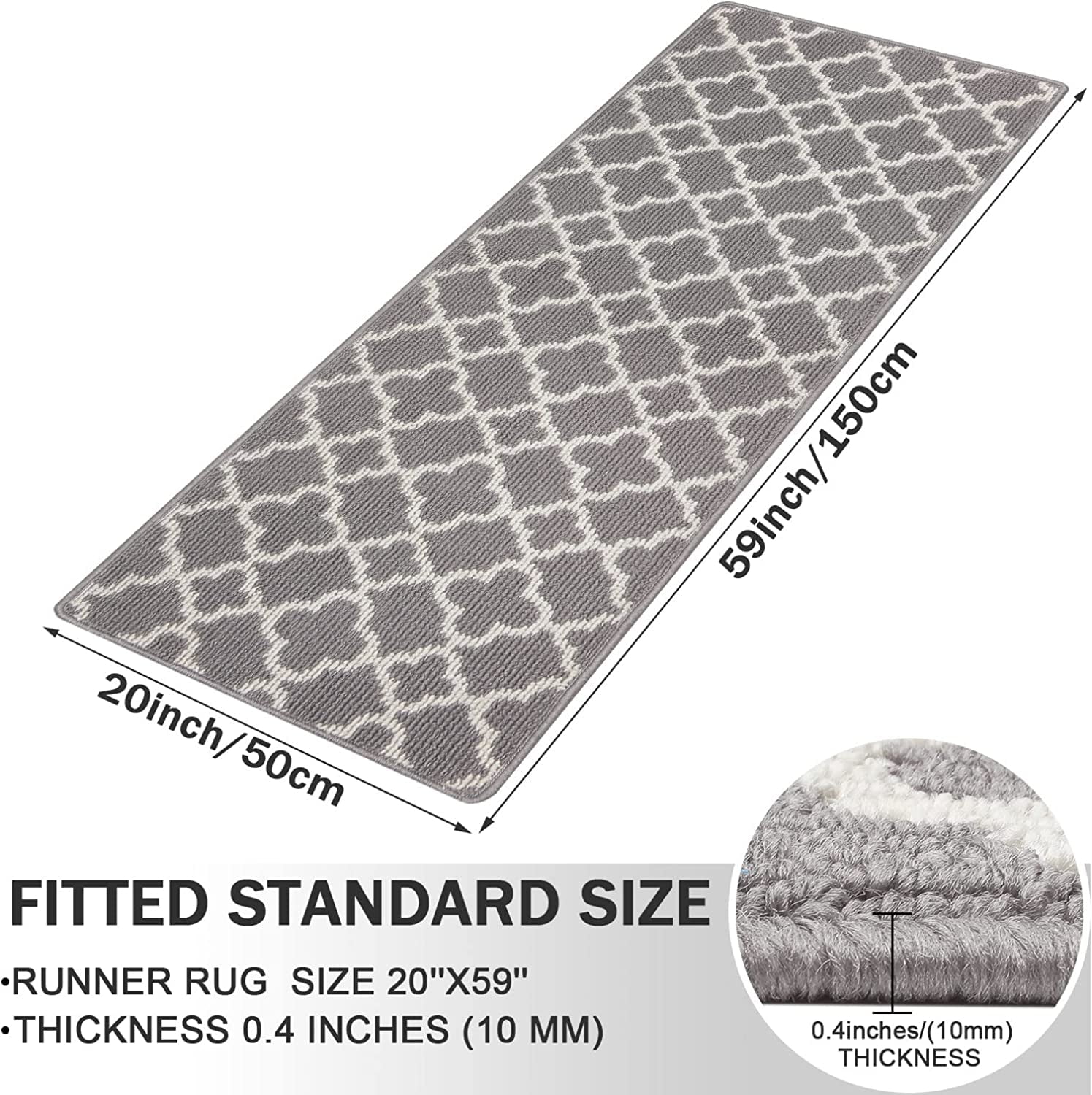 Yamaziot Non-Slip Hallway Runner Rug, Washable Heavy-Duty Kitchen Floor Mat, Moroccan Tile Pattern (Gray, 20 in x 59 in) ql8fq