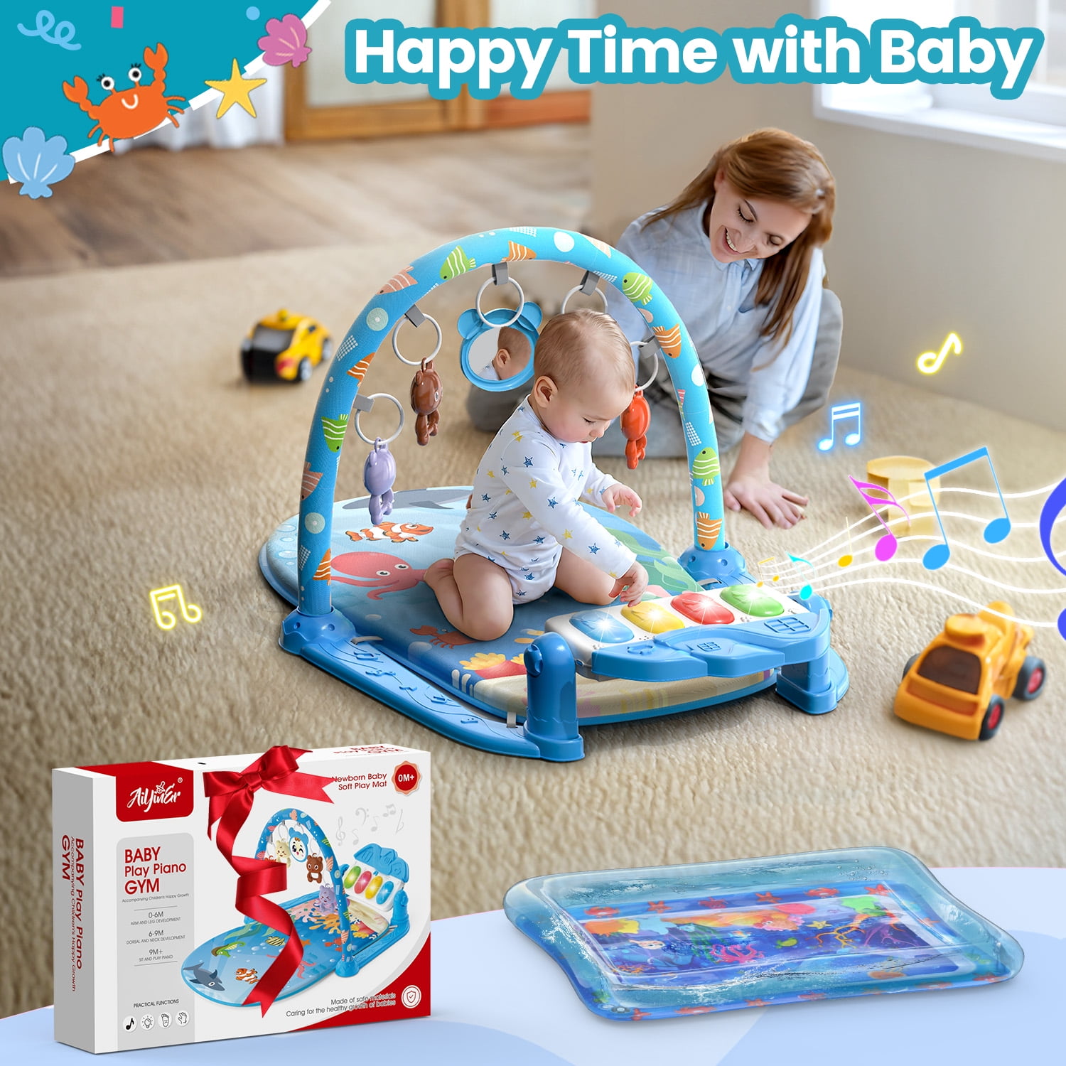 WonderStone 2-in-1 Baby Gym Playmat and Tummy Time Water Mat with Sensory Toys and Musical Piano (Blue, 27.5 x 20 in) 08zyo